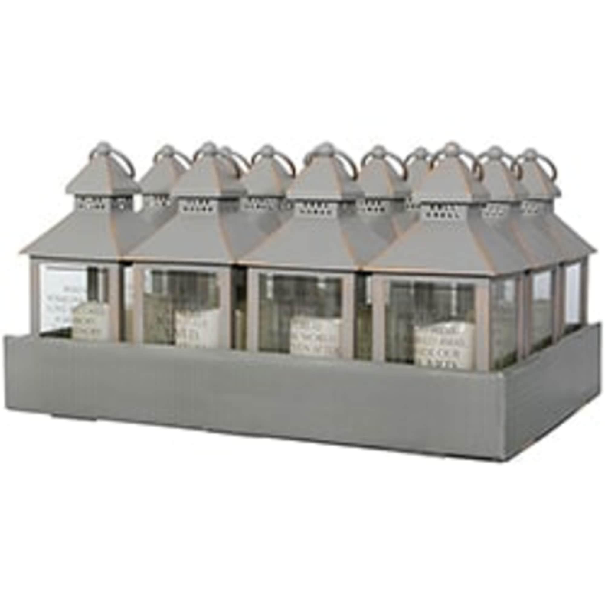 Gray metal lantern display with multiple glass panels