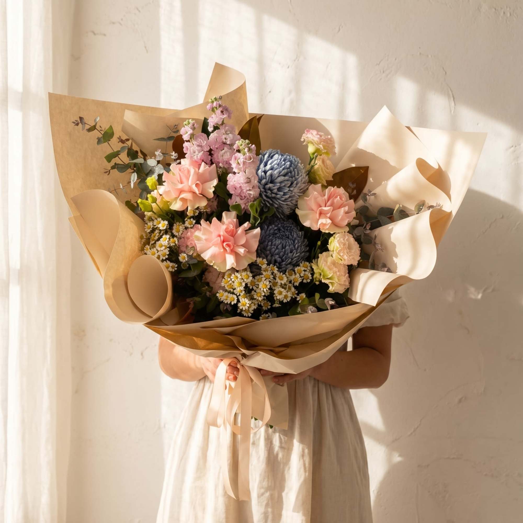 Wrapped in layered tan kraft paper and tied with a pale satin