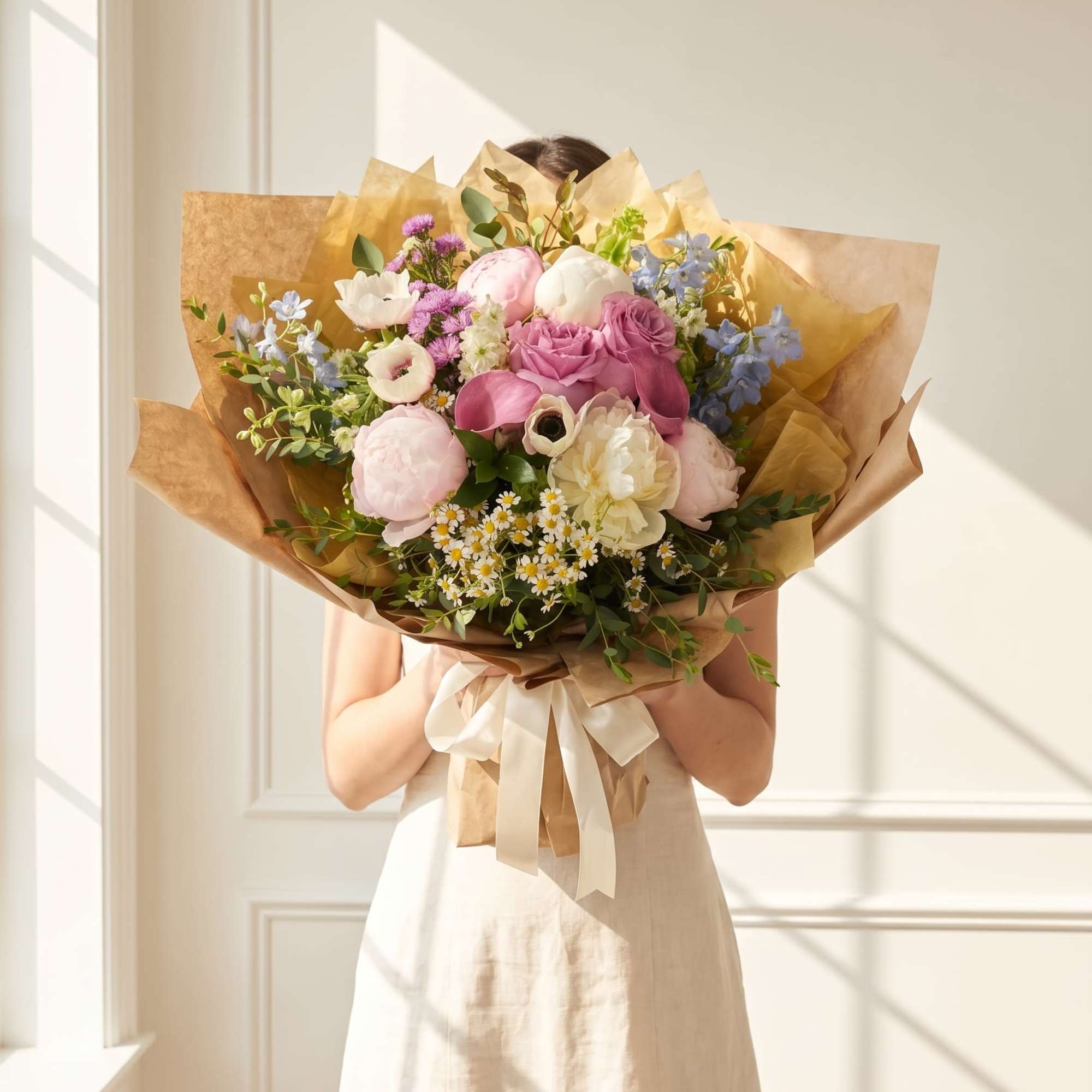 Wrapped in layered tan kraft paper and tied with a pale satin