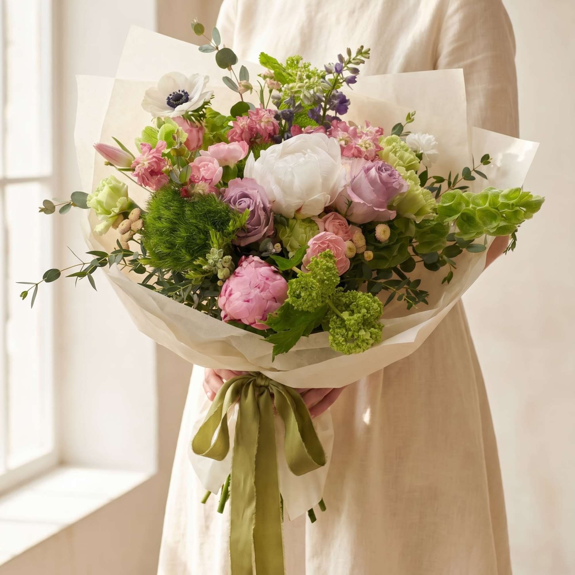 A romantic French garden-style bouquet designed with lush peonies or garden roses