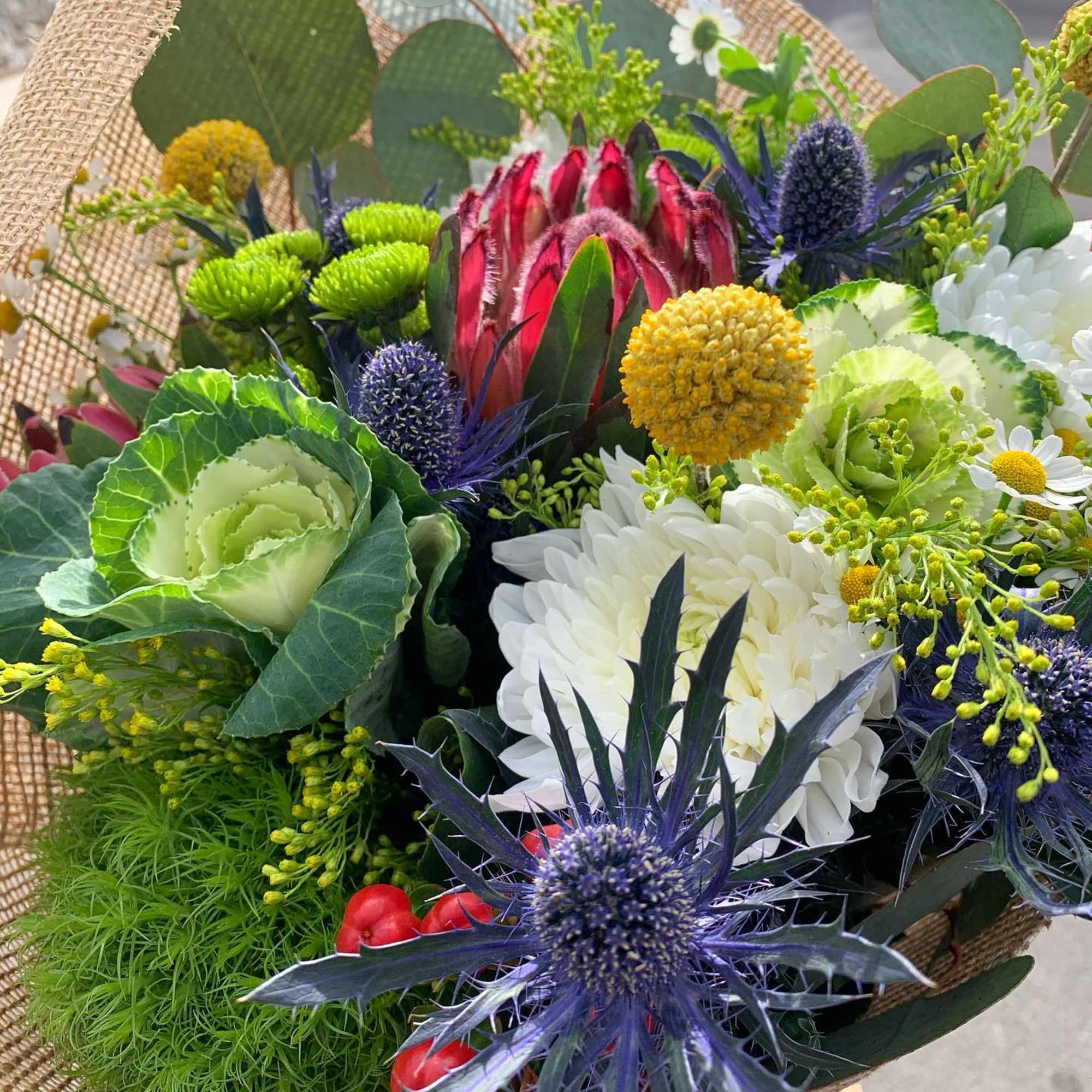 Mixed bouquet with protea, chrysanthemums, and thistle in a burlap wrap