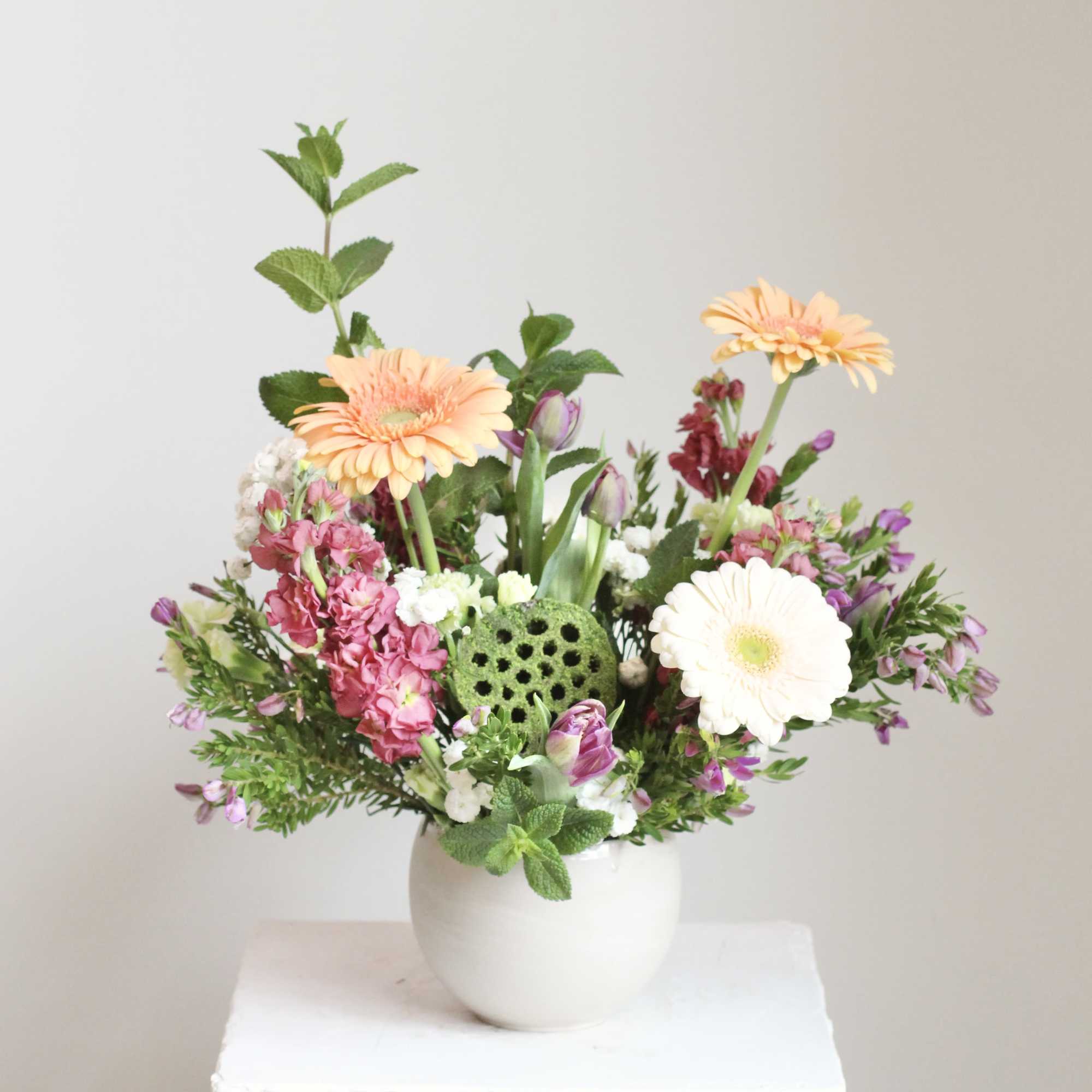 Enjoy a sophisticated arrangement in dreamy shades of mauve, taupe, and peach, photo 3 of 6