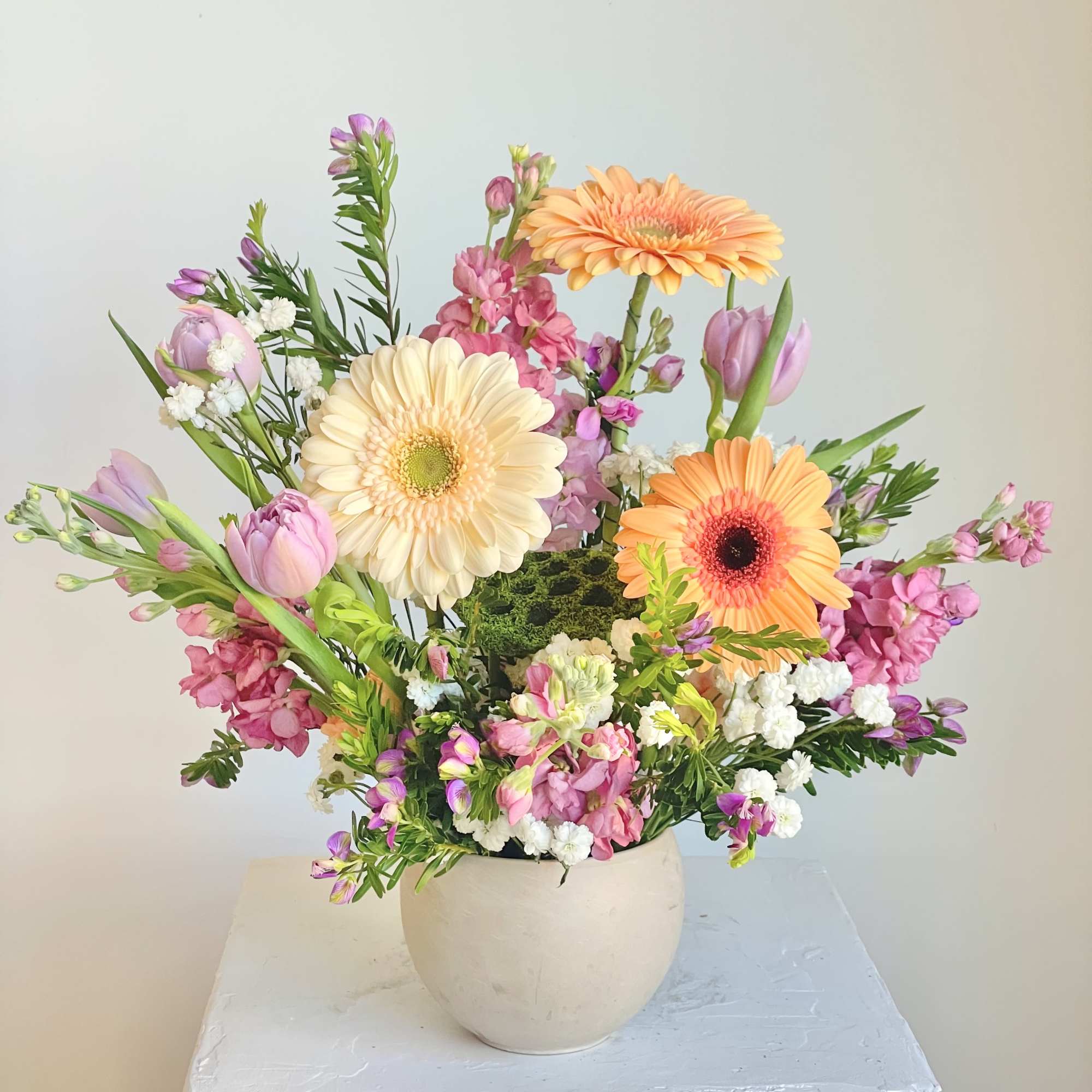 Enjoy a sophisticated arrangement in dreamy shades of mauve, taupe, and peach, photo 4 of 6