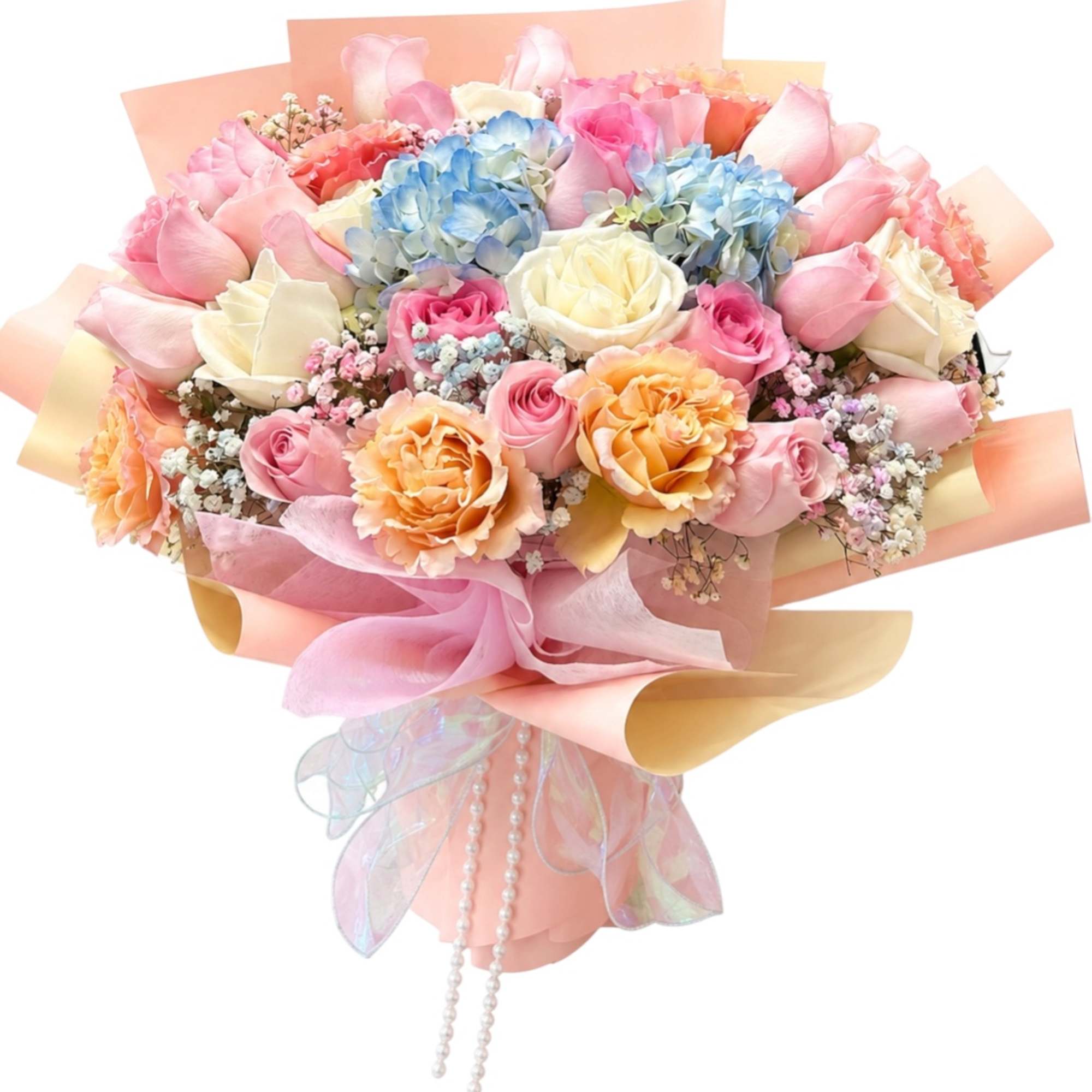 Pastel bouquet of roses, hydrangeas, and baby’s breath with ribbon wrap