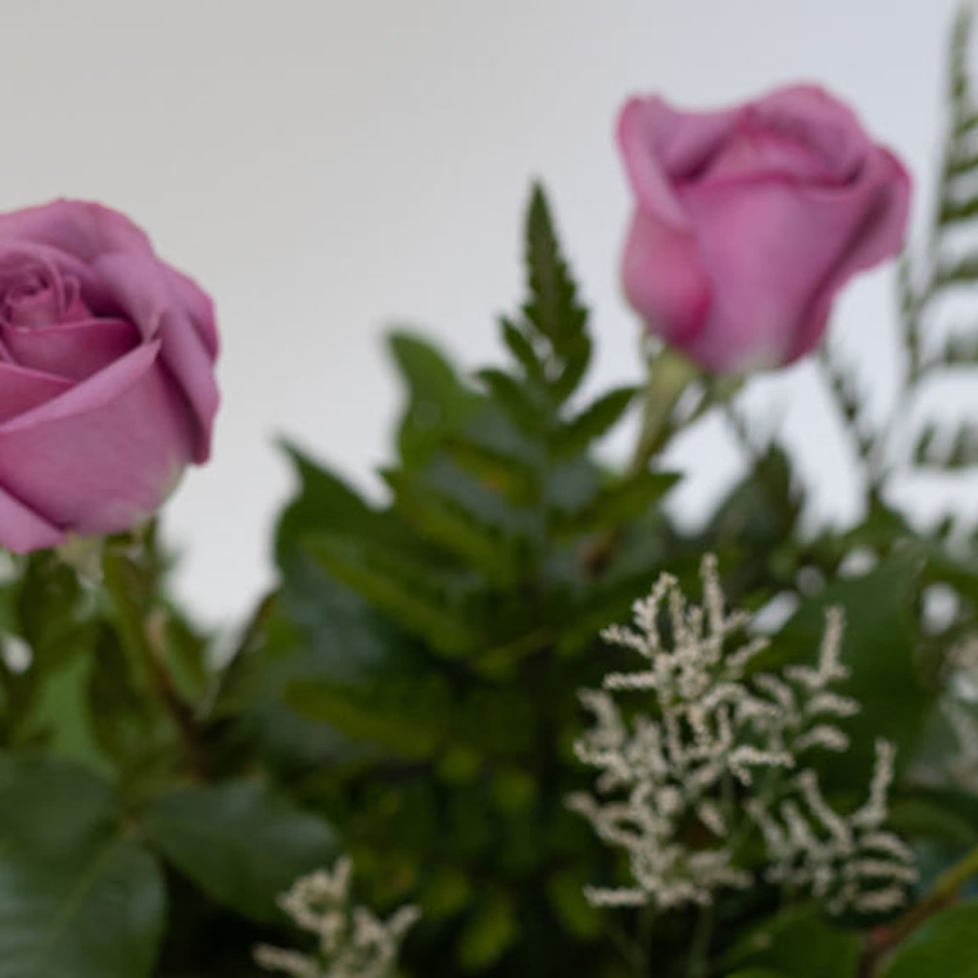 Lavender roses with fern foliage and white filler flowers