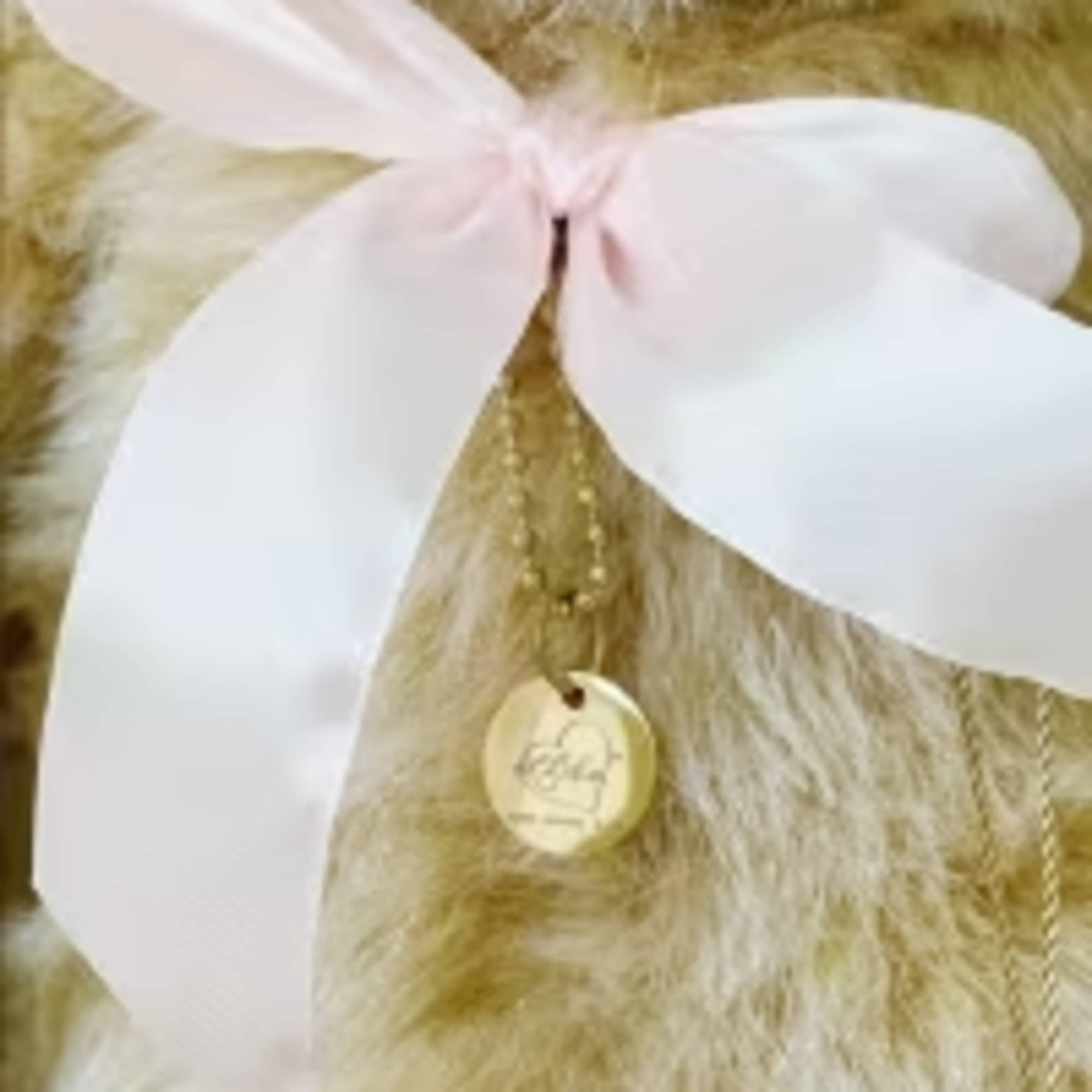 Faux fur teddy bear with a pale pink ribbon and gold tag