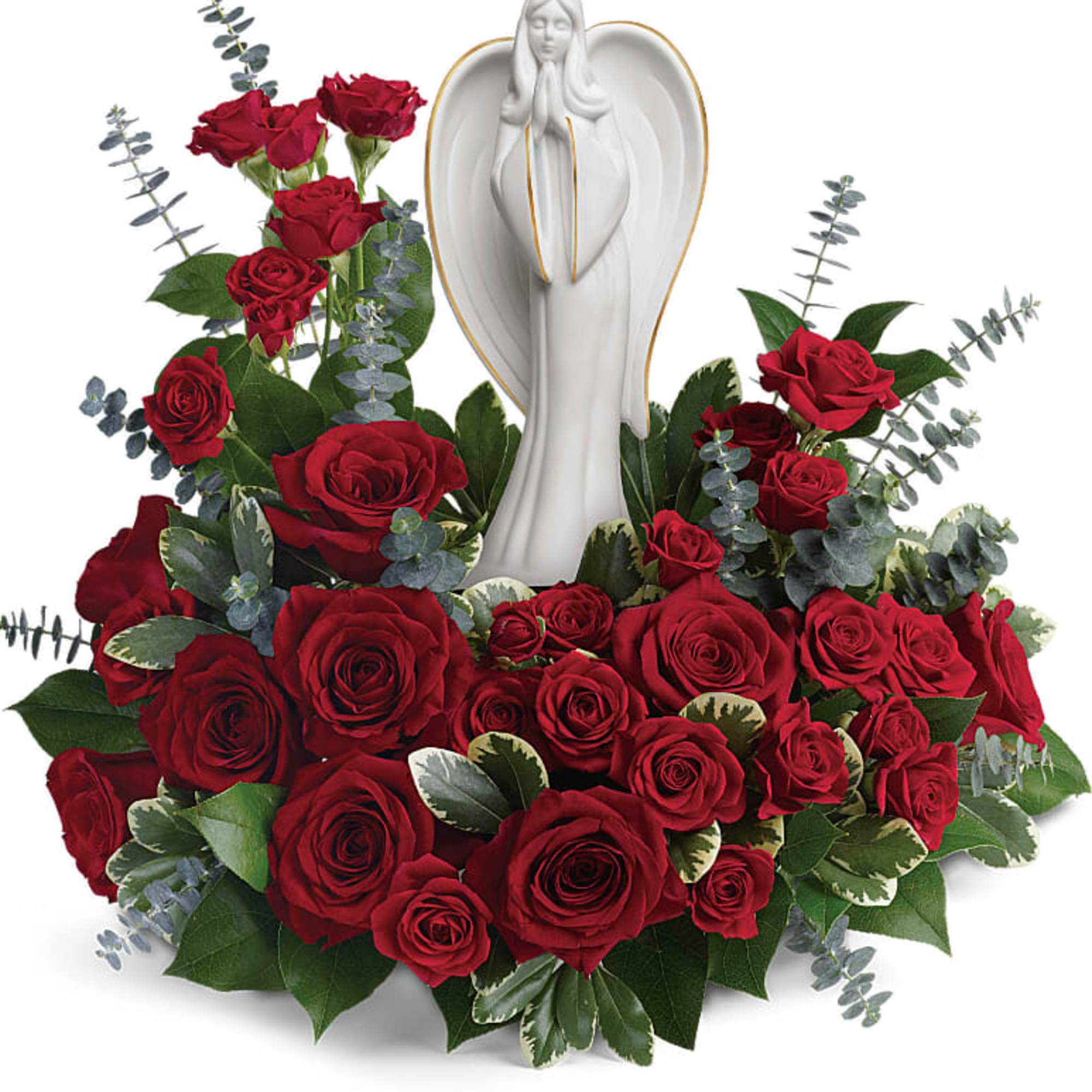 This peaceful porcelain angel sculpture, surrounded by radiant red roses and delicate