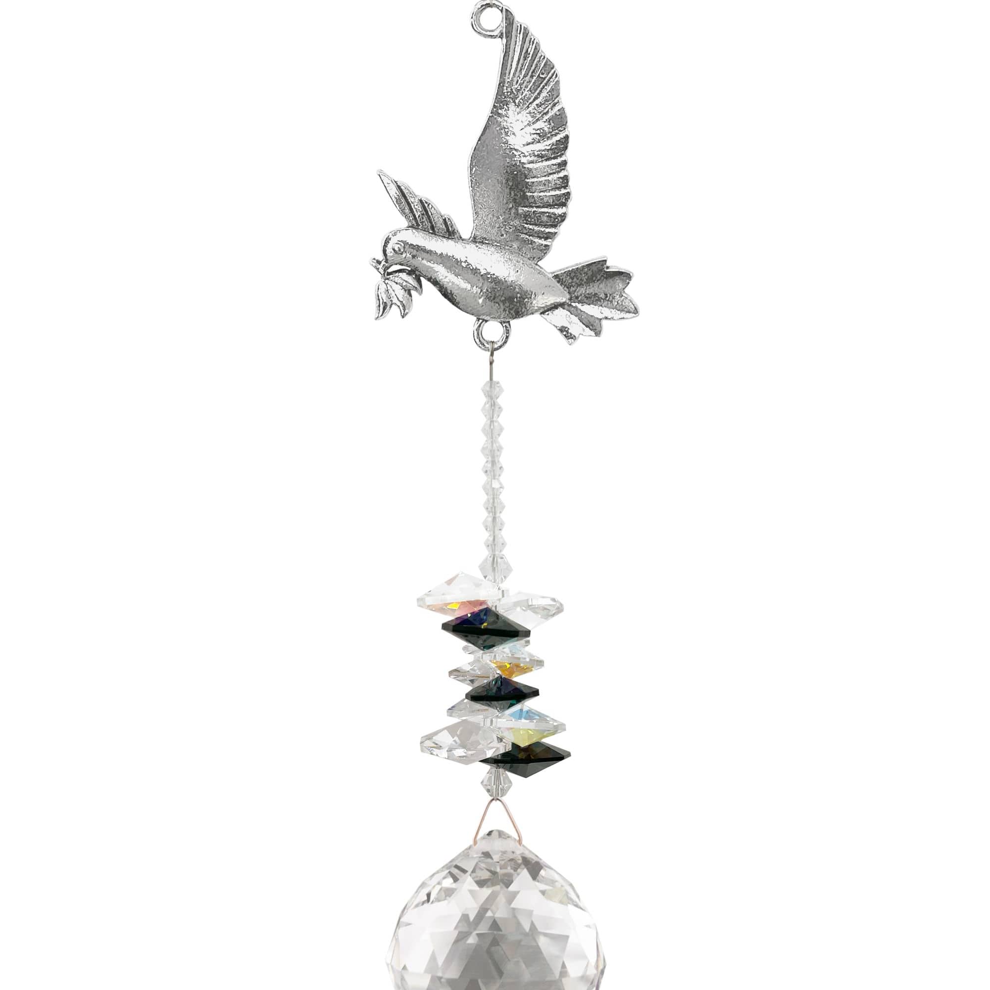 Hanging crystal sun catcher with silver dove and faceted clear prism ball