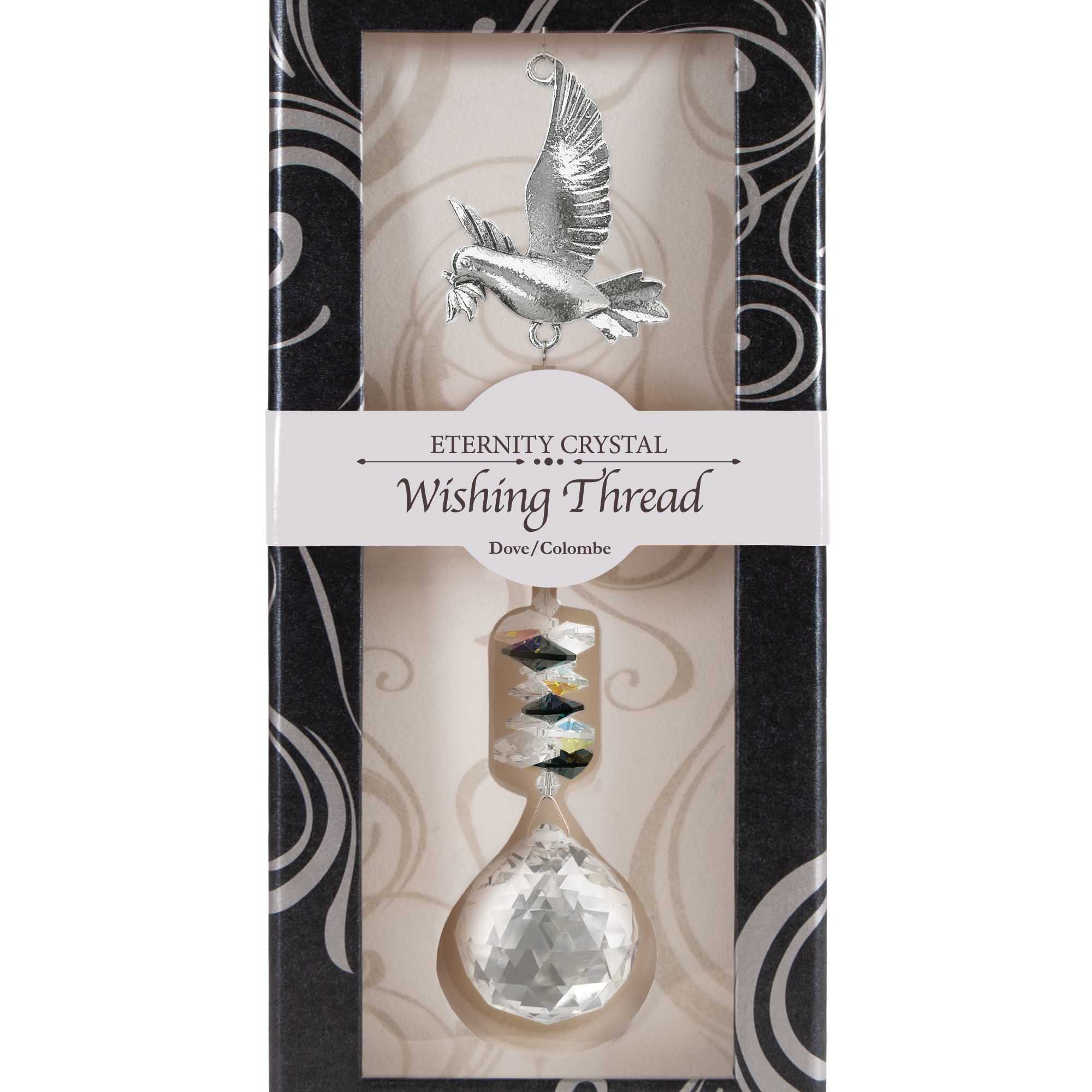 Crystal dove wishing thread ornament in decorative black and silver gift box