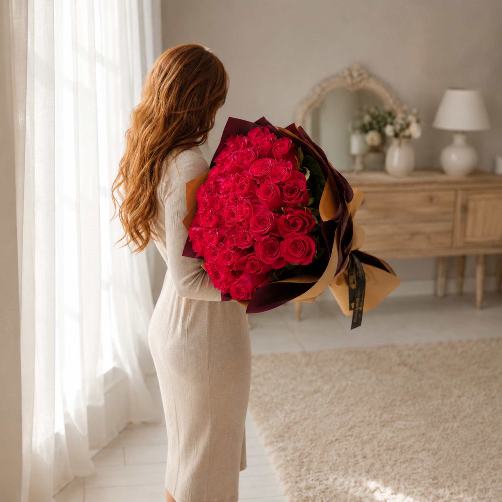 Woman holding a large bouquet of bright pink roses wrapped in dark paper