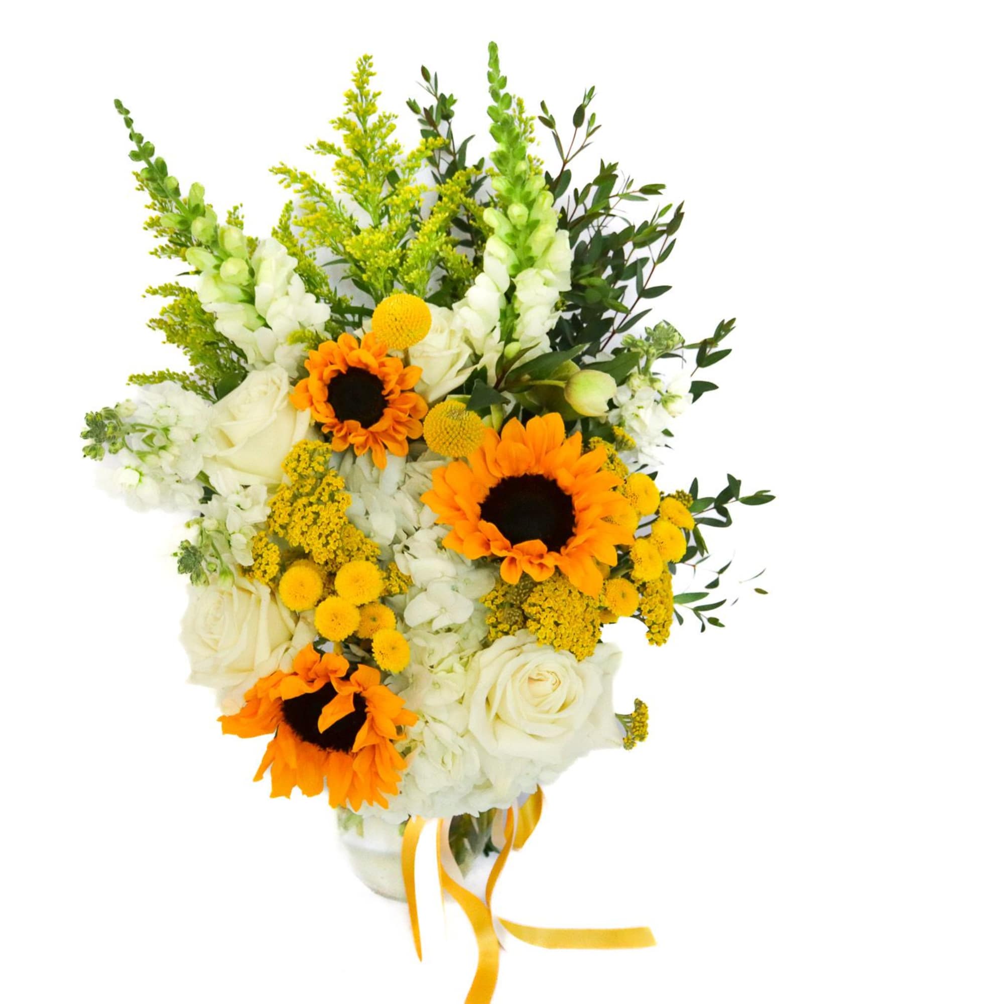 Bouquet of white roses and orange sunflowers with yellow accents