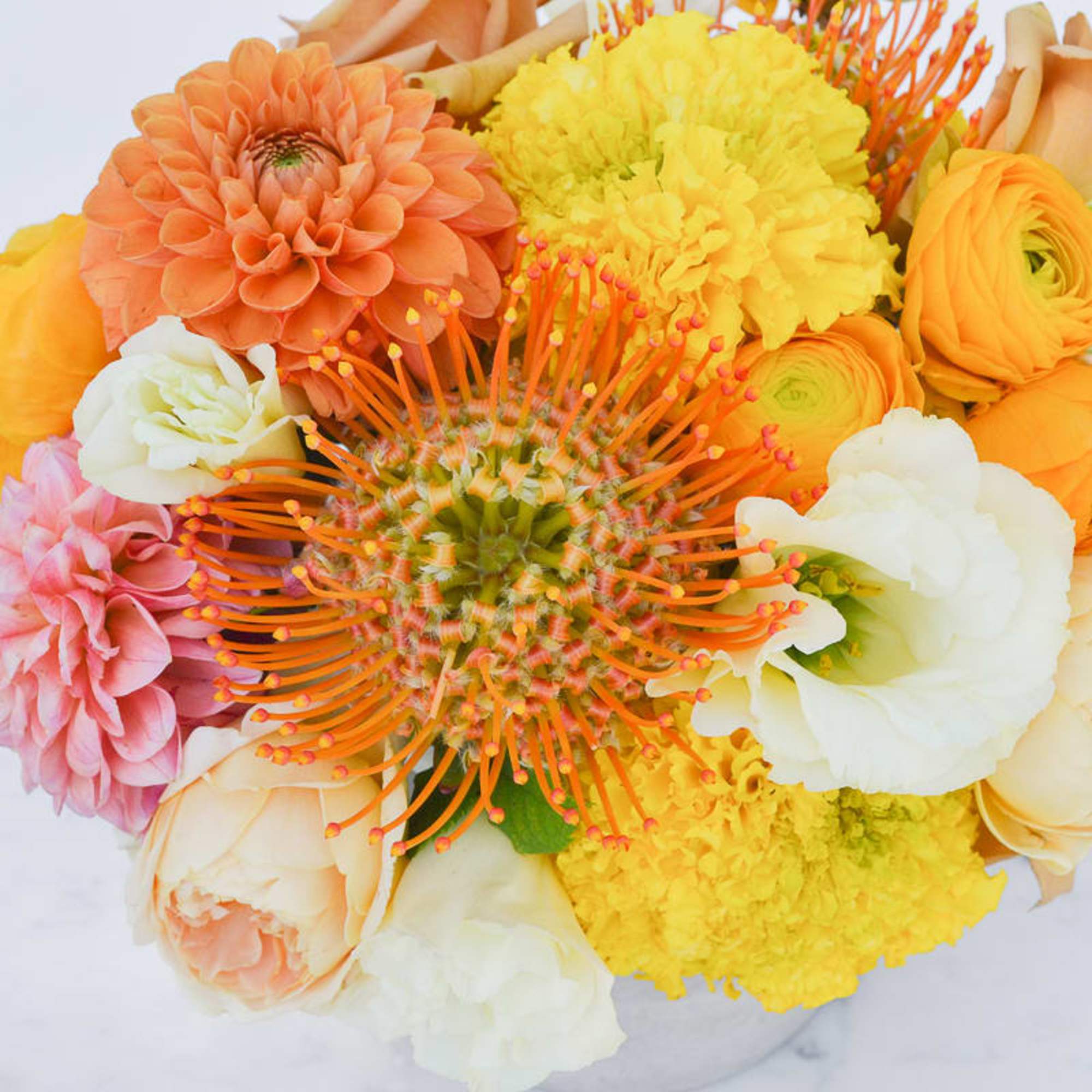 Bright compact arrangement of orange, yellow, white, and pink blooms with pincushion protea in a white vase
