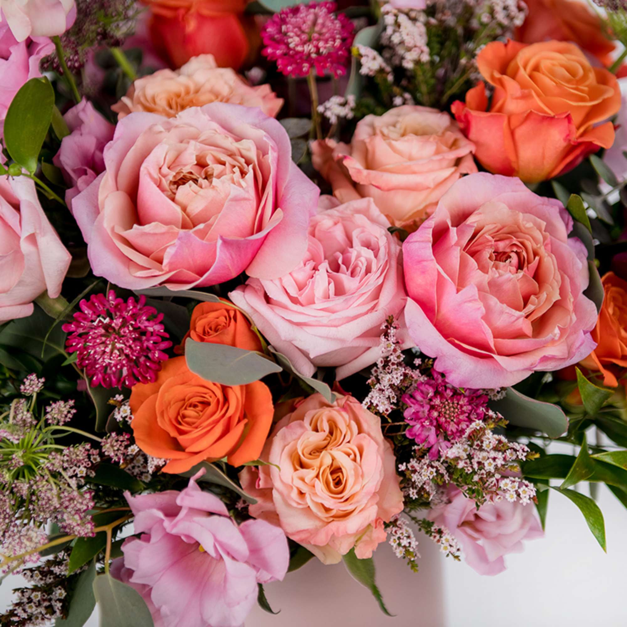 Bouquet of pink and peach roses with small filler flowers