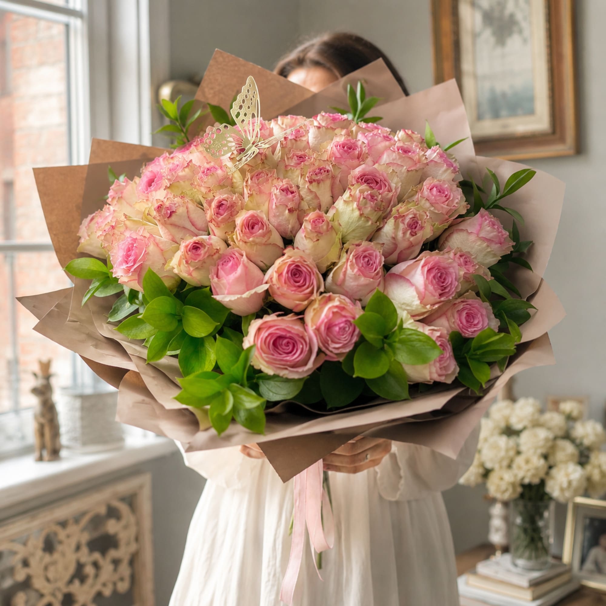 Large bouquet of pink roses wrapped in brown paper with a pink ribbon
