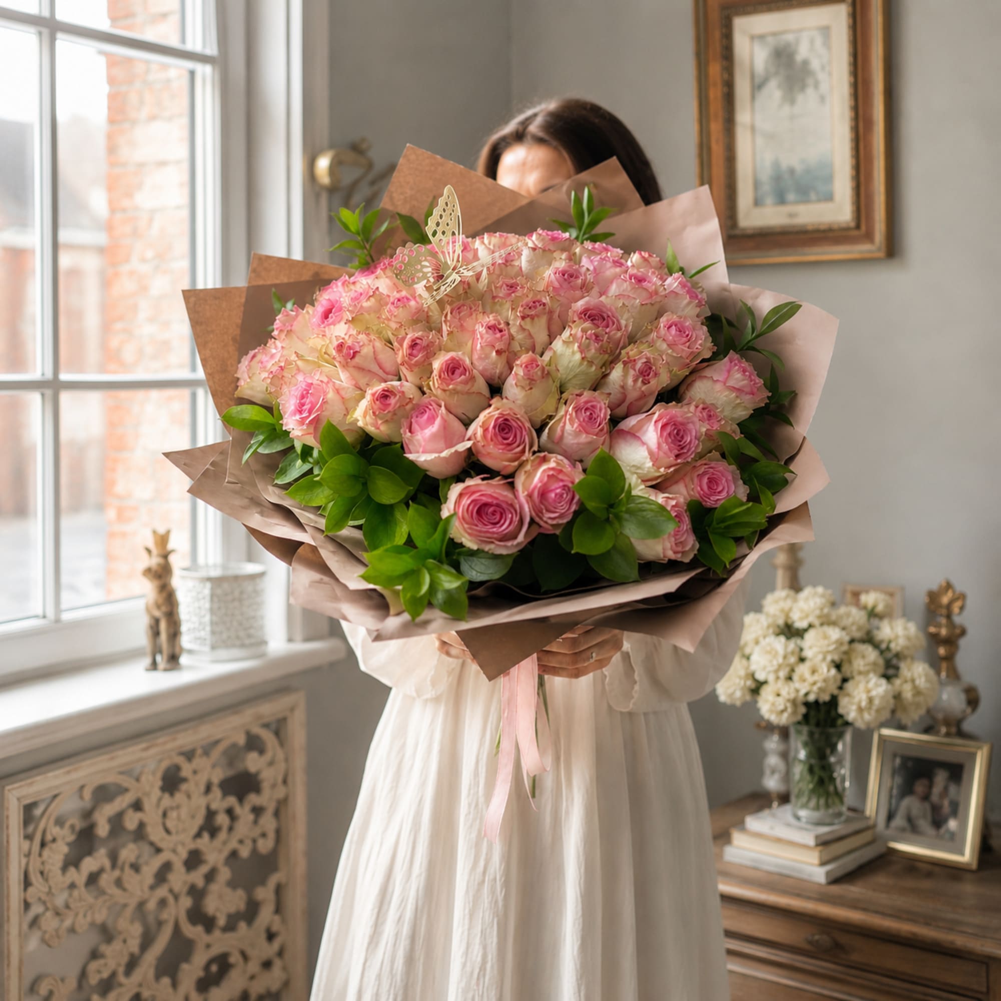 Large bouquet of pink roses wrapped in brown paper