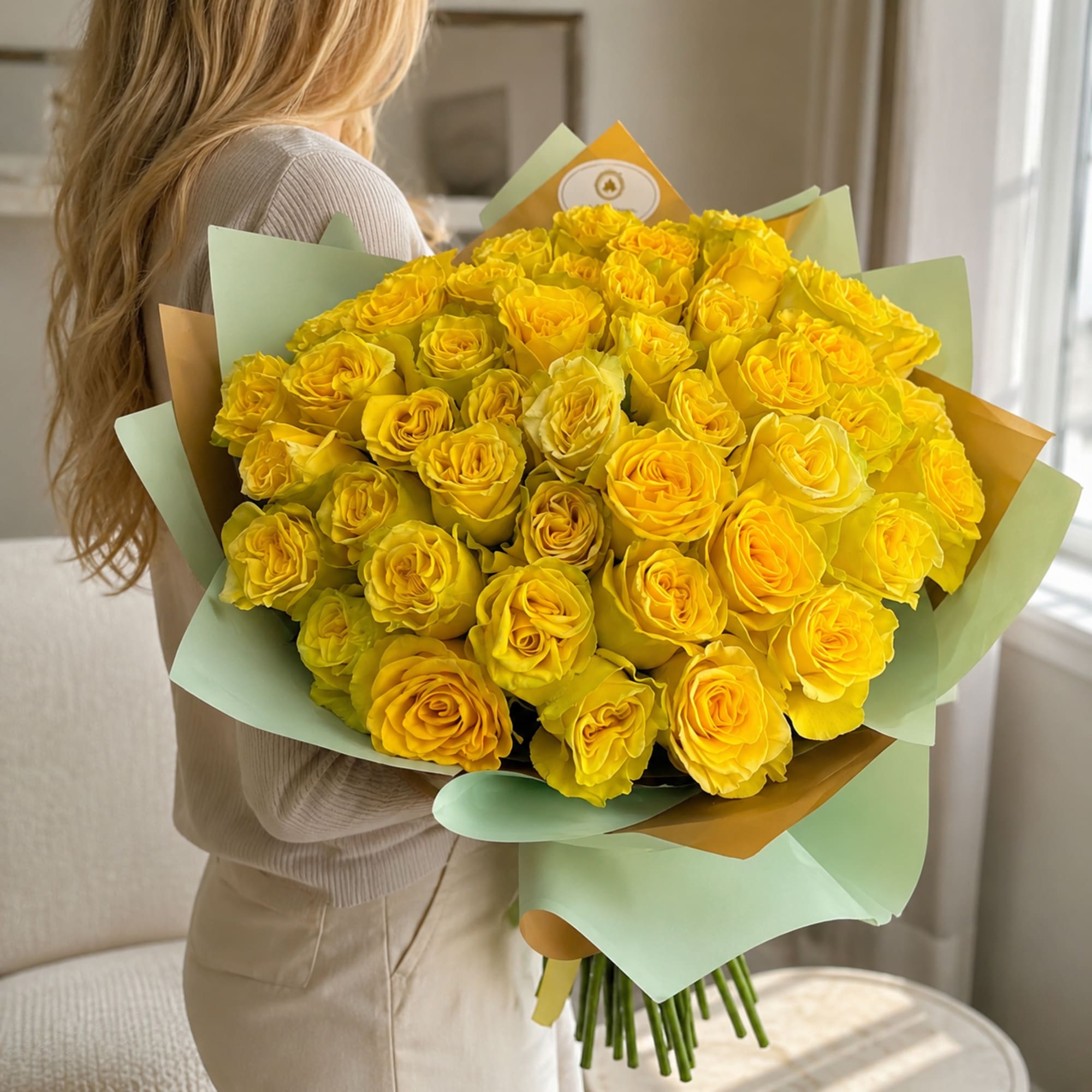 Large bouquet of yellow roses wrapped in pastel paper