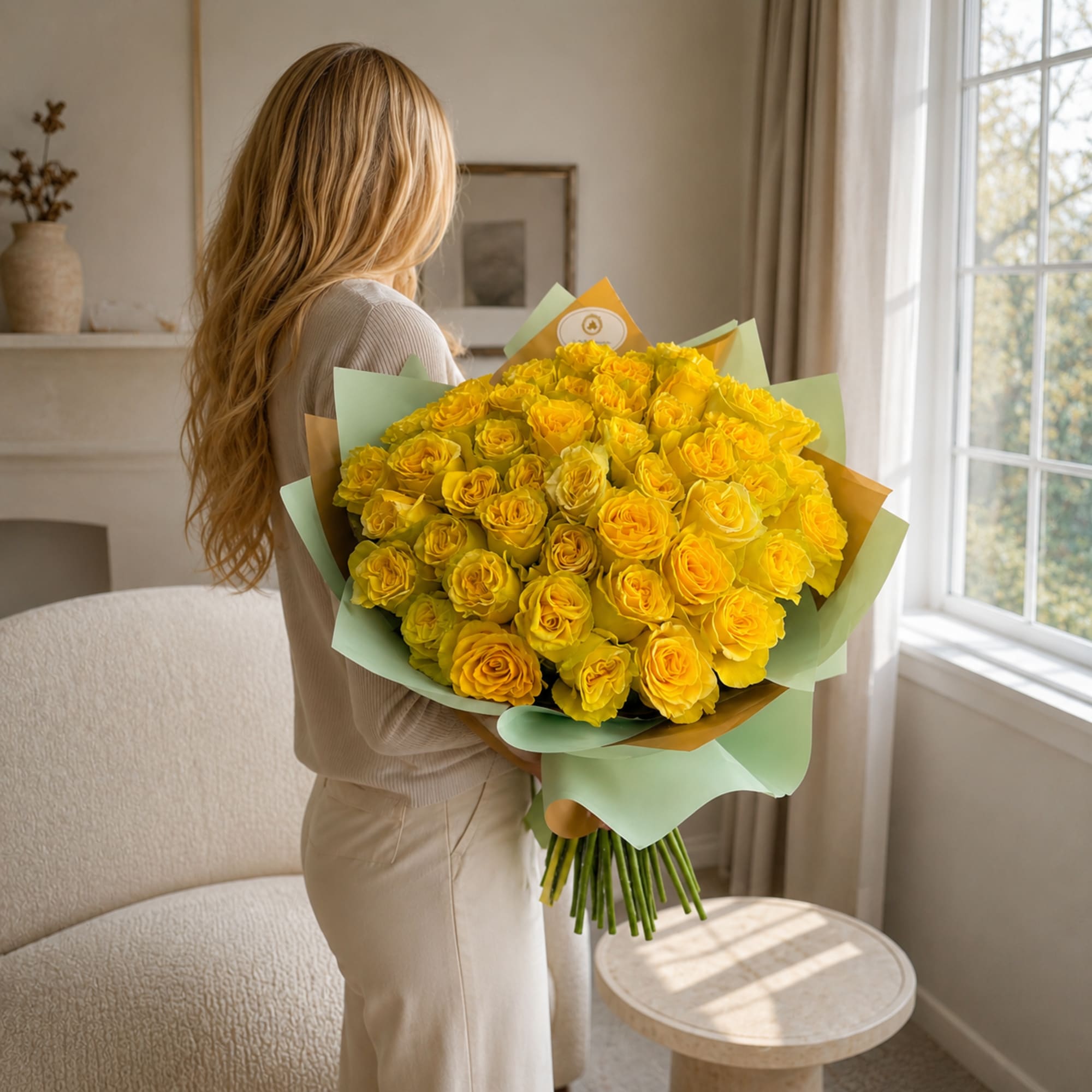 Woman holding a large bouquet of yellow roses wrapped in pastel paper