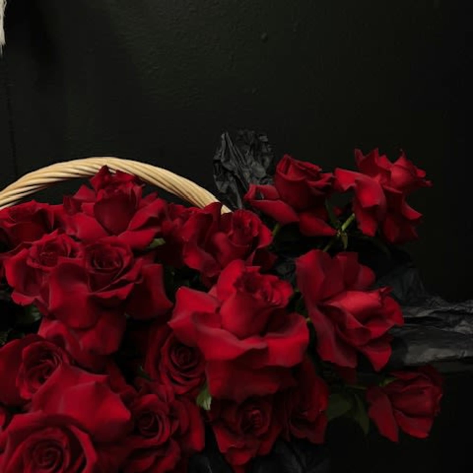 A huge brown basket with beautiful large, inverted roses with long ribbons