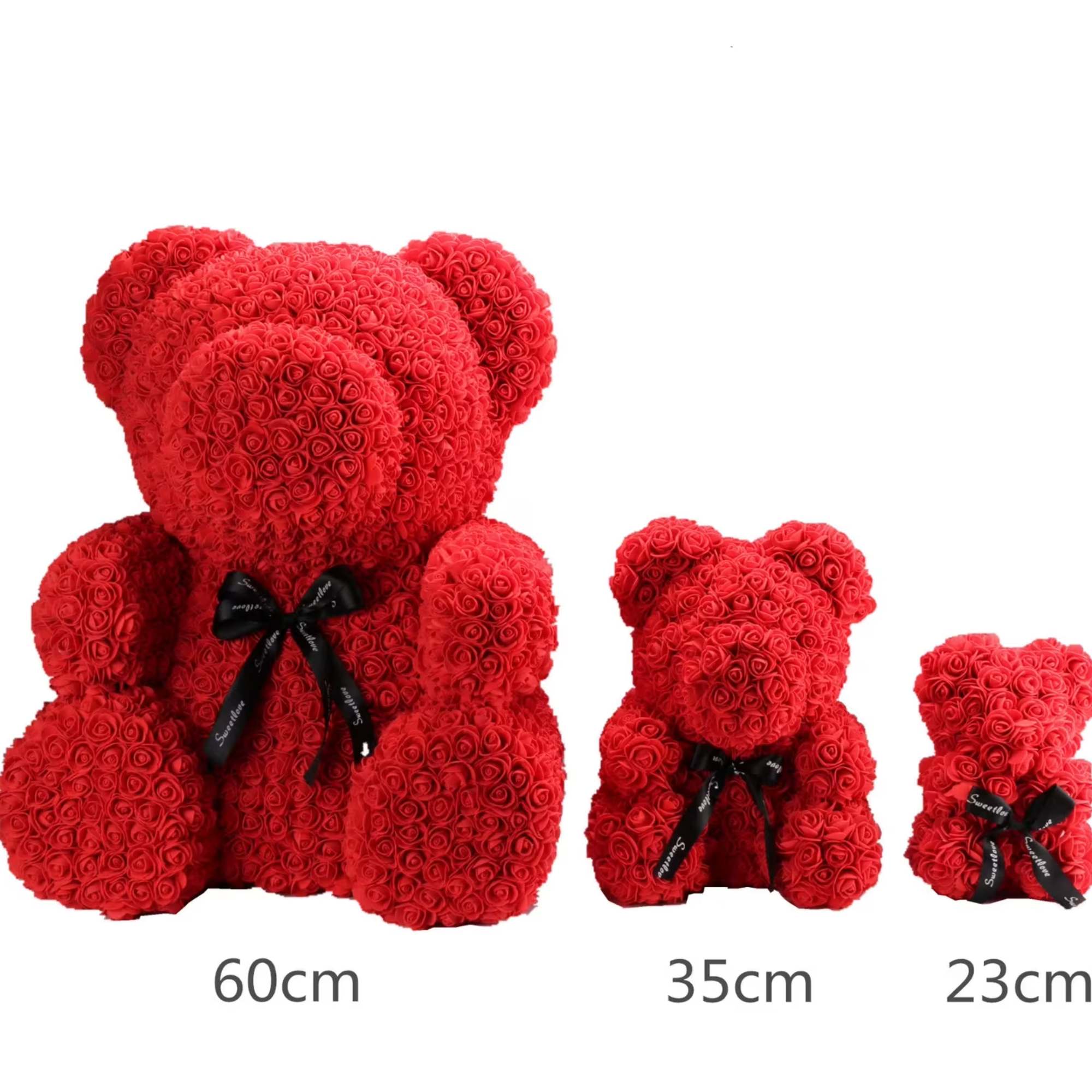 Red rose teddy bears with black bows in three sizes