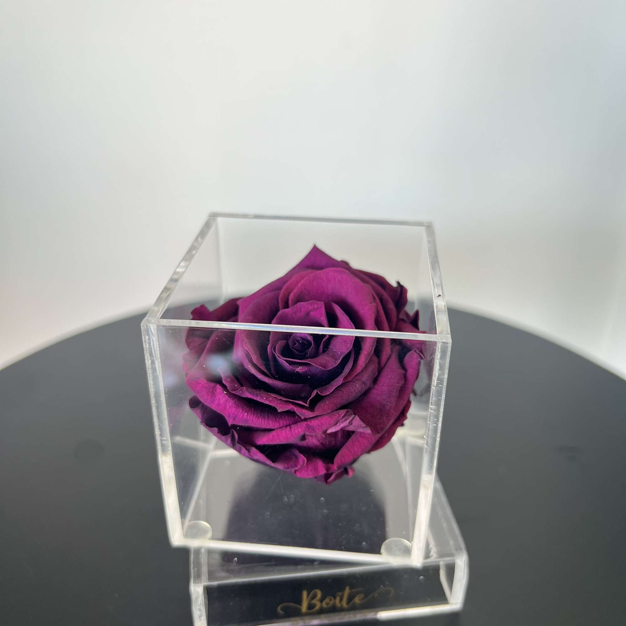A single forever rose sits in a custom acrylic box. This petit
