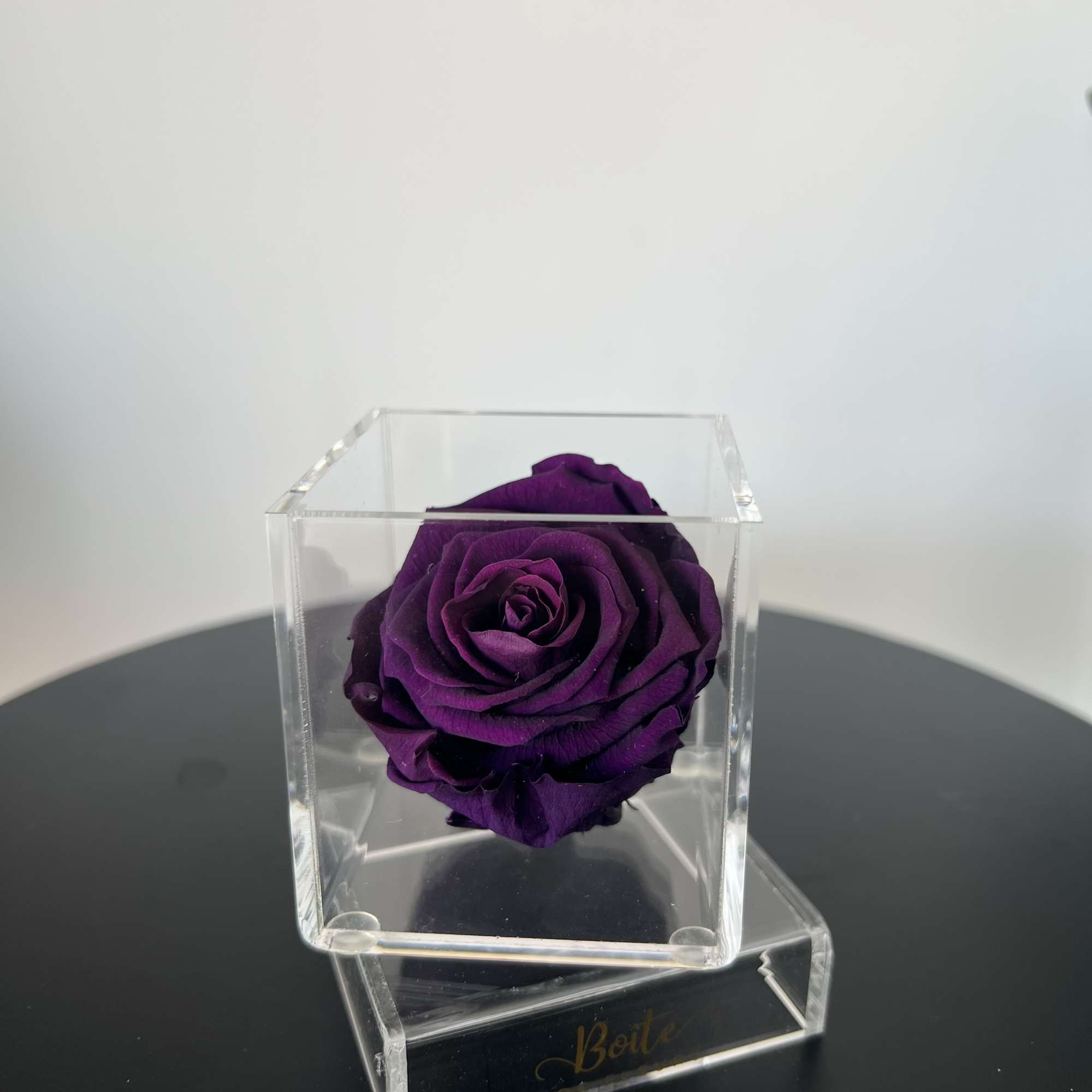 A single forever rose sits in a custom acrylic box. This petit