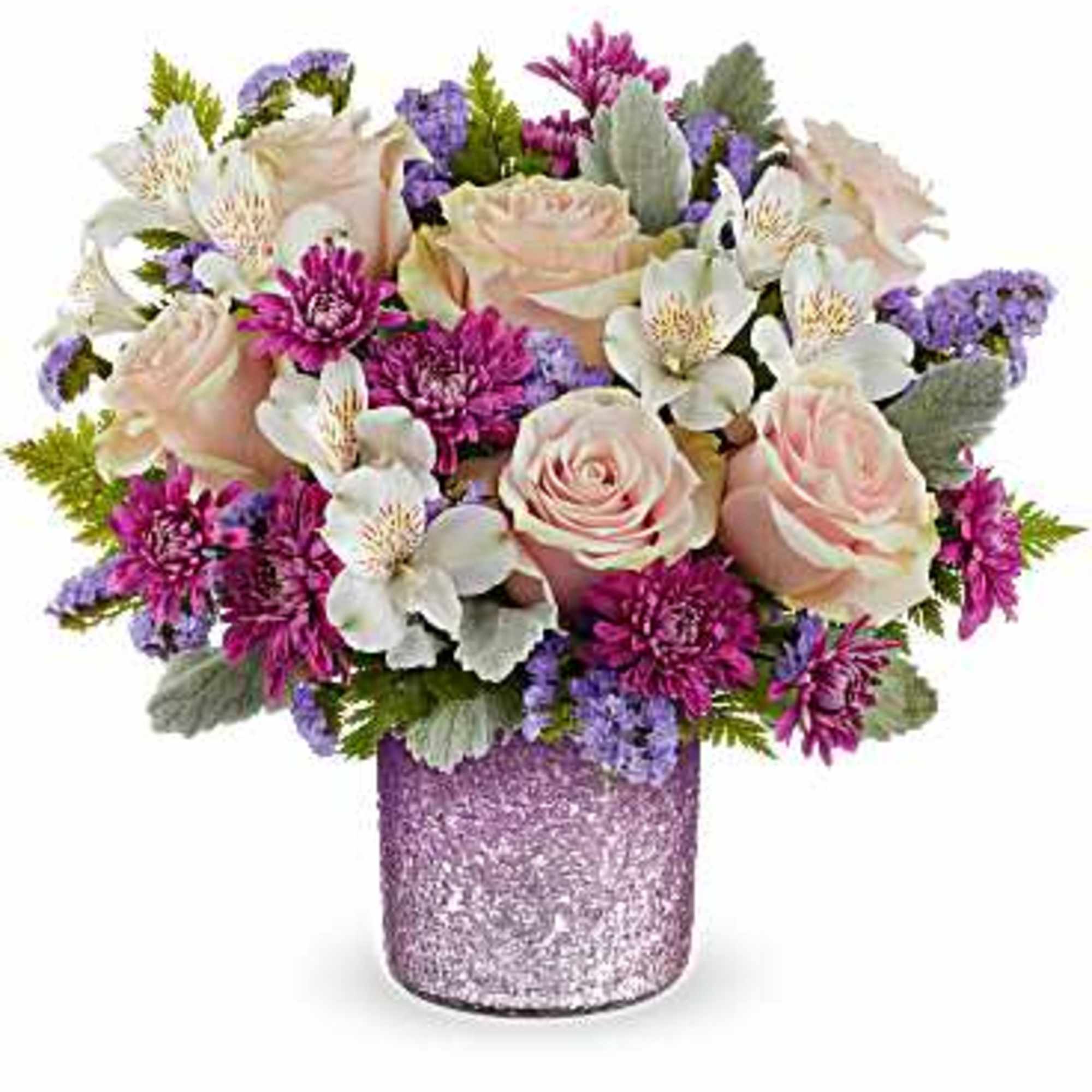 Pink roses and purple flowers arranged in a glittery vase