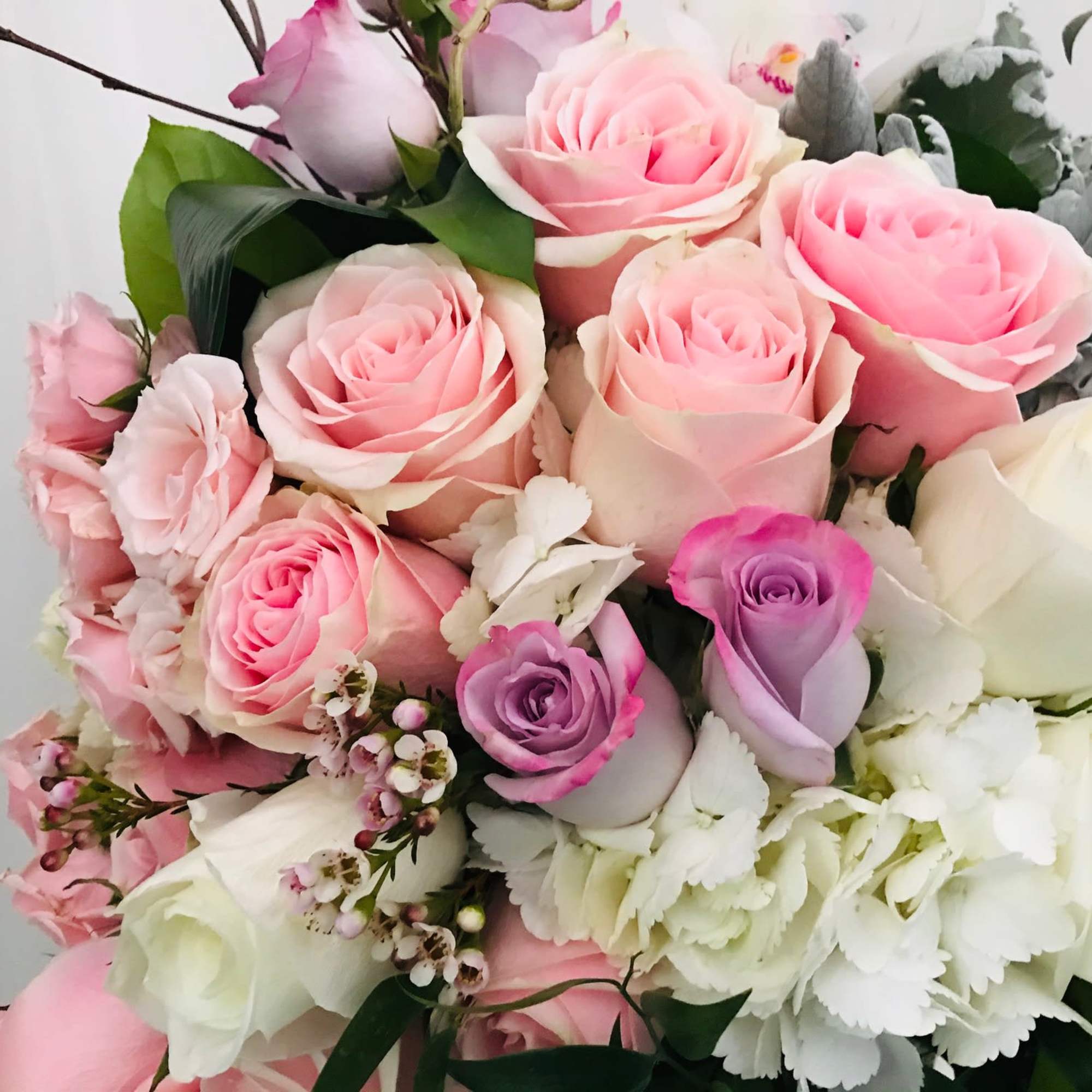 Bouquet of pink, white, and lavender roses with white filler flowers