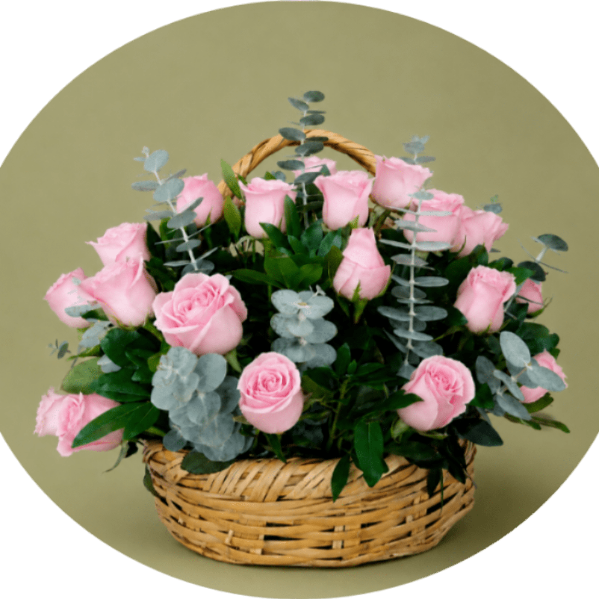 A dense cluster of pale pink roses arranged low in a woven