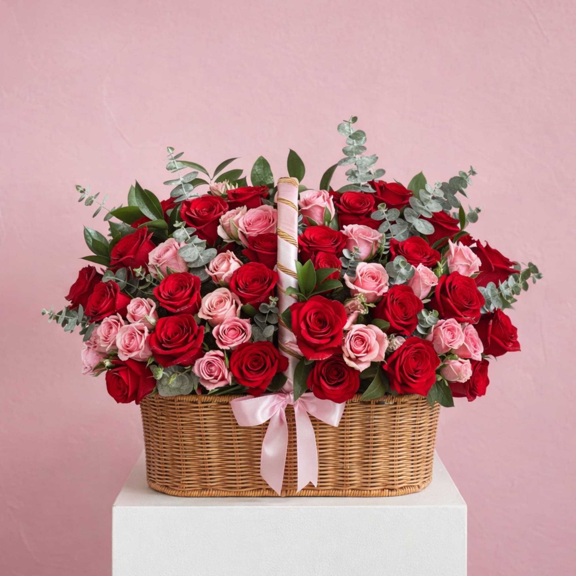 Basket arrangement of red and pink roses with a pink ribbon