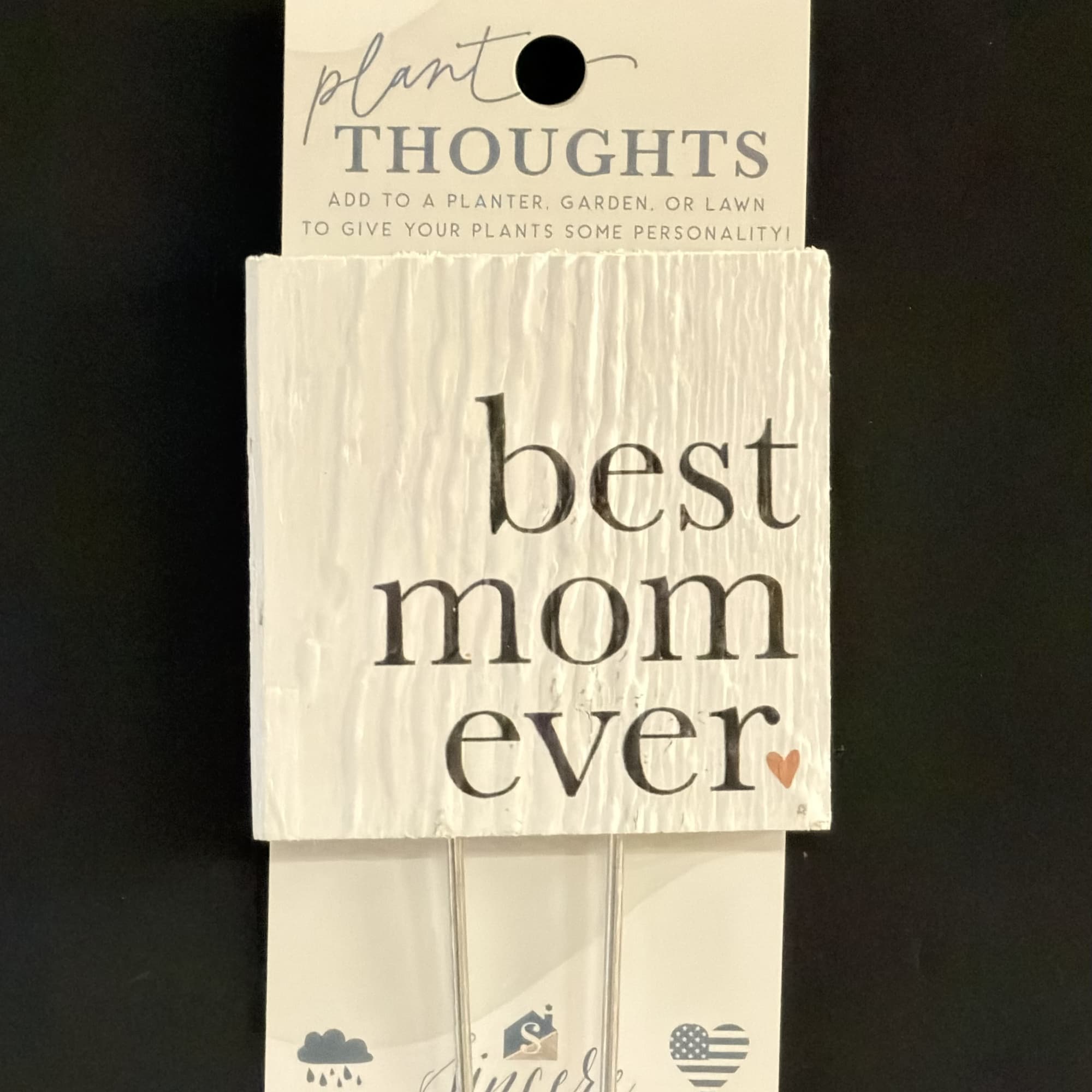 Two plant stake signs reading "plant thoughts" and "best mom ever"