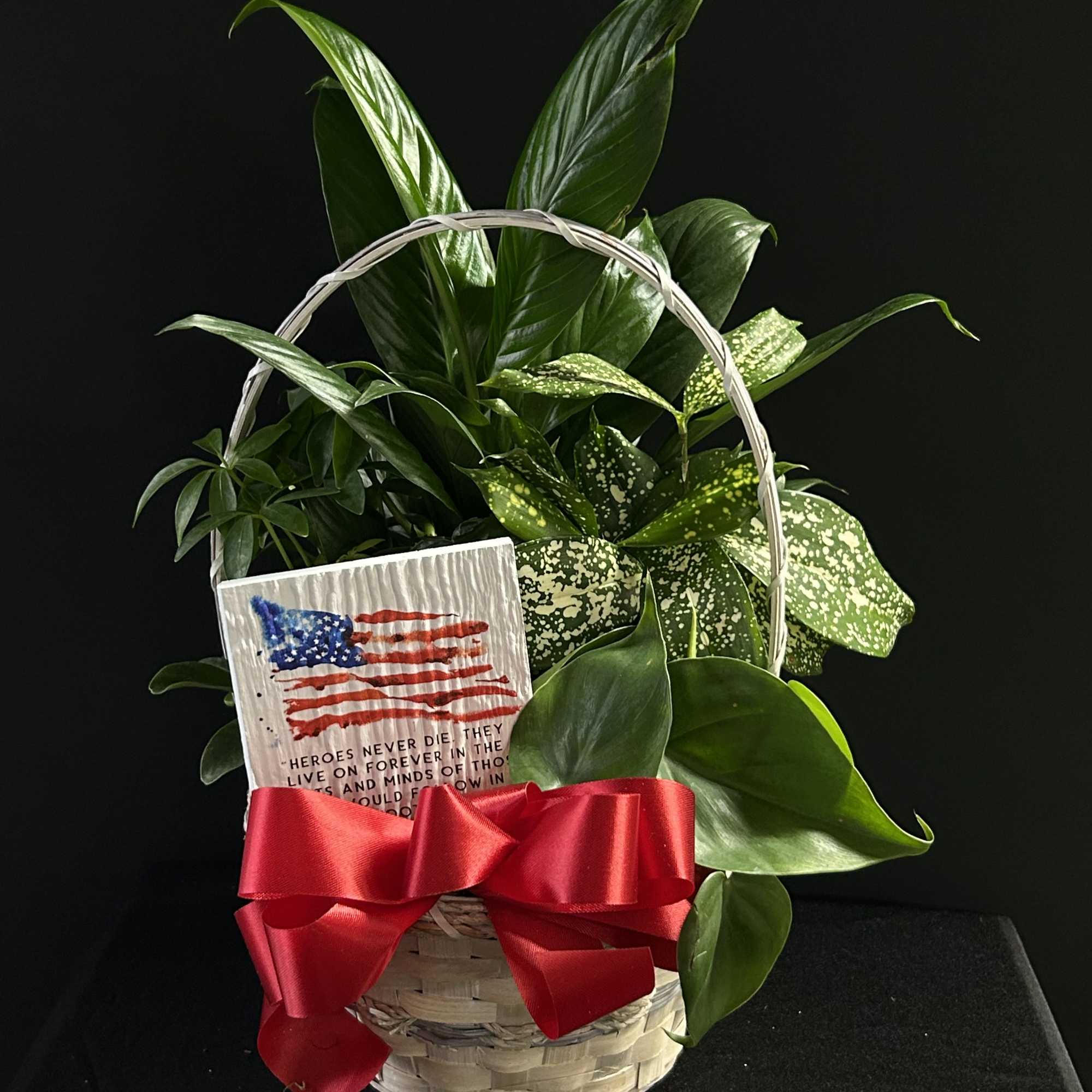 Basket of green houseplants with a red ribbon and memorial card