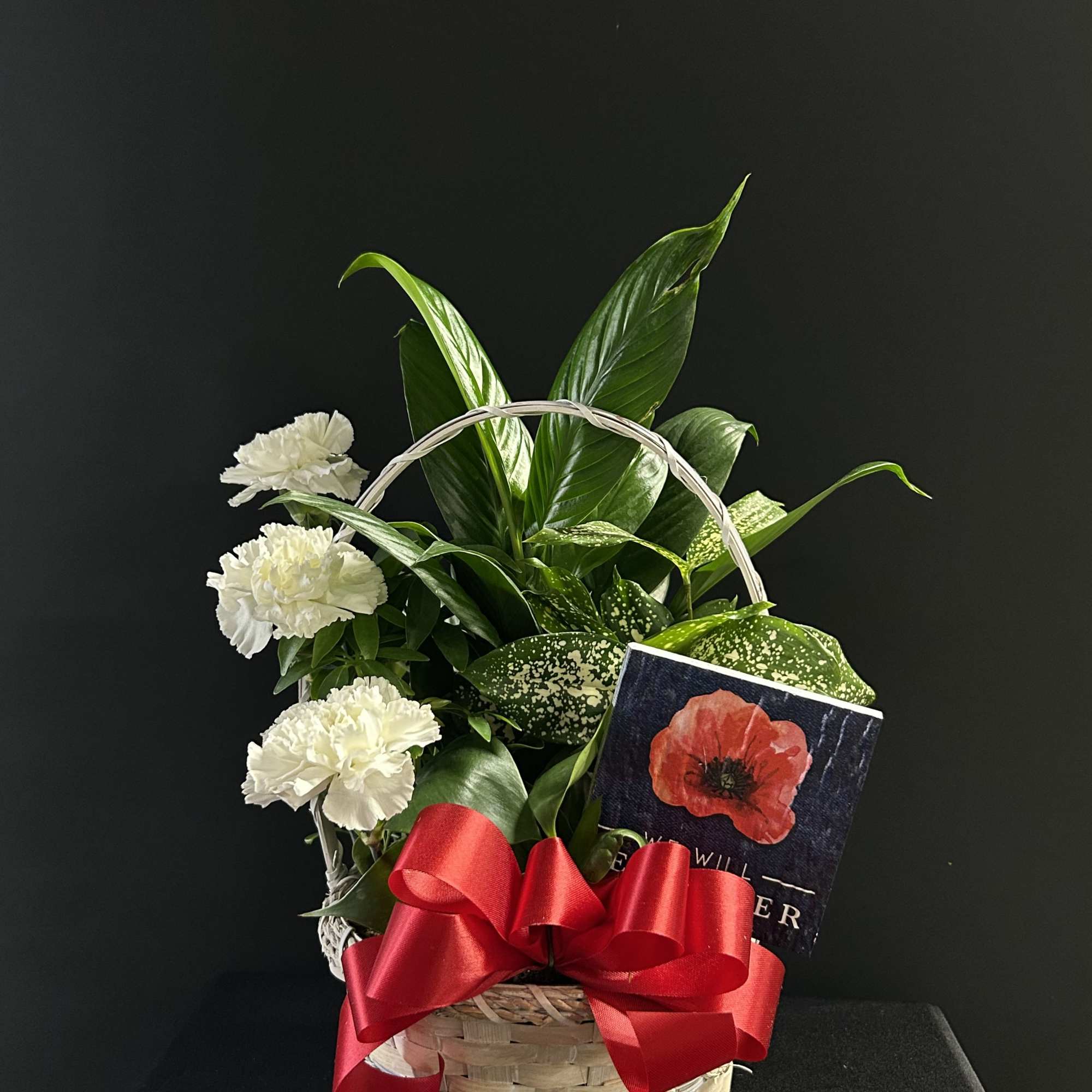 White carnations in a basket with green foliage and a red ribbon