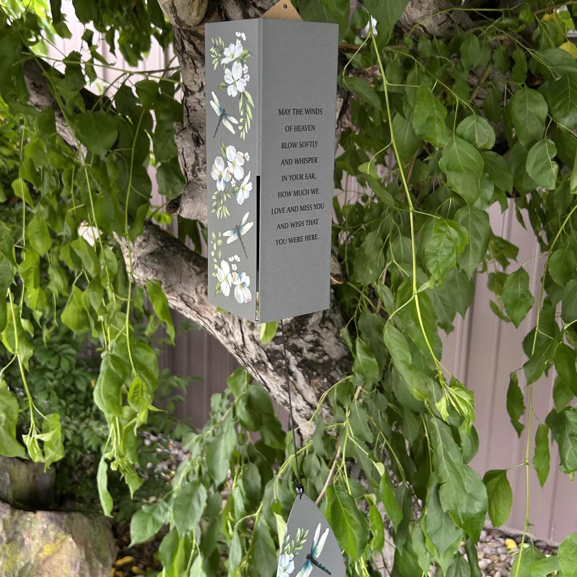 Gray memorial wind chime with two floral-dragonfly panels, bow attached and includes