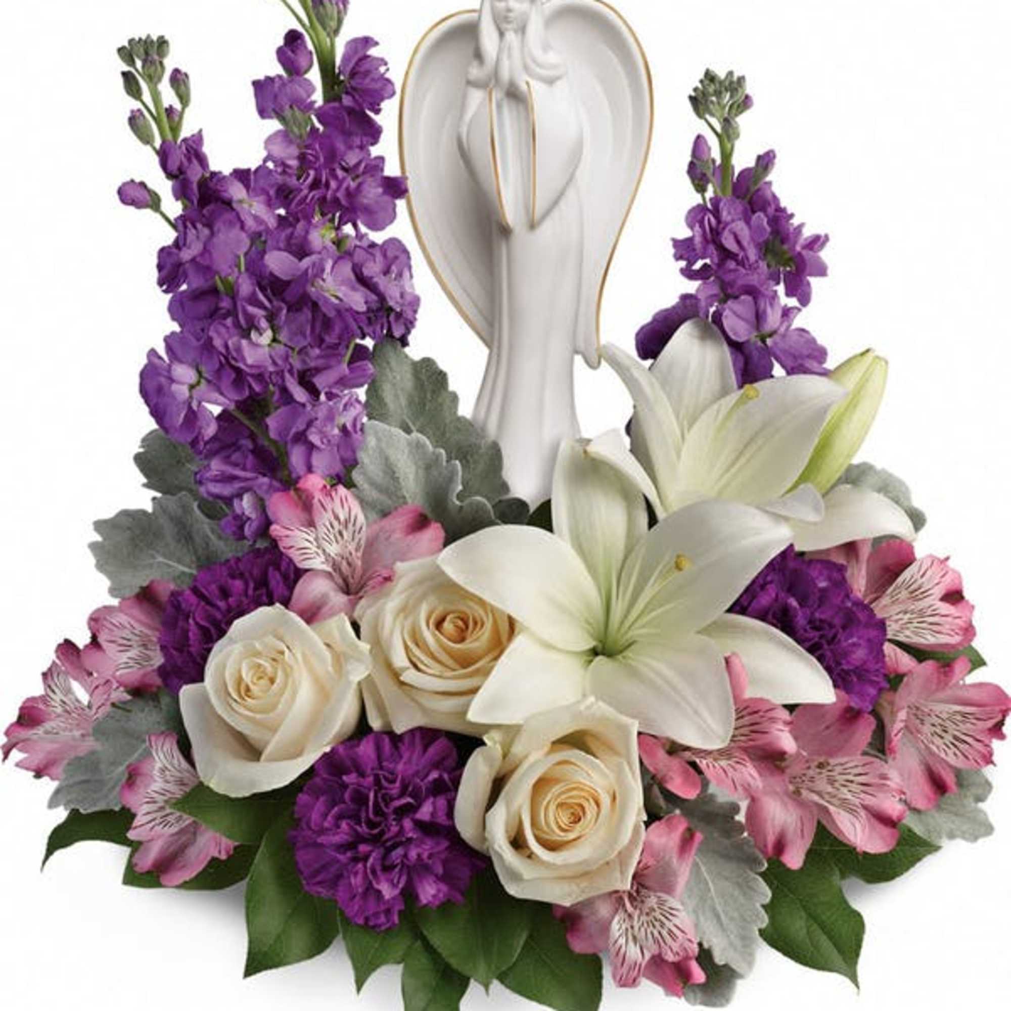 White angel figurine surrounded by purple, pink, and white flowers