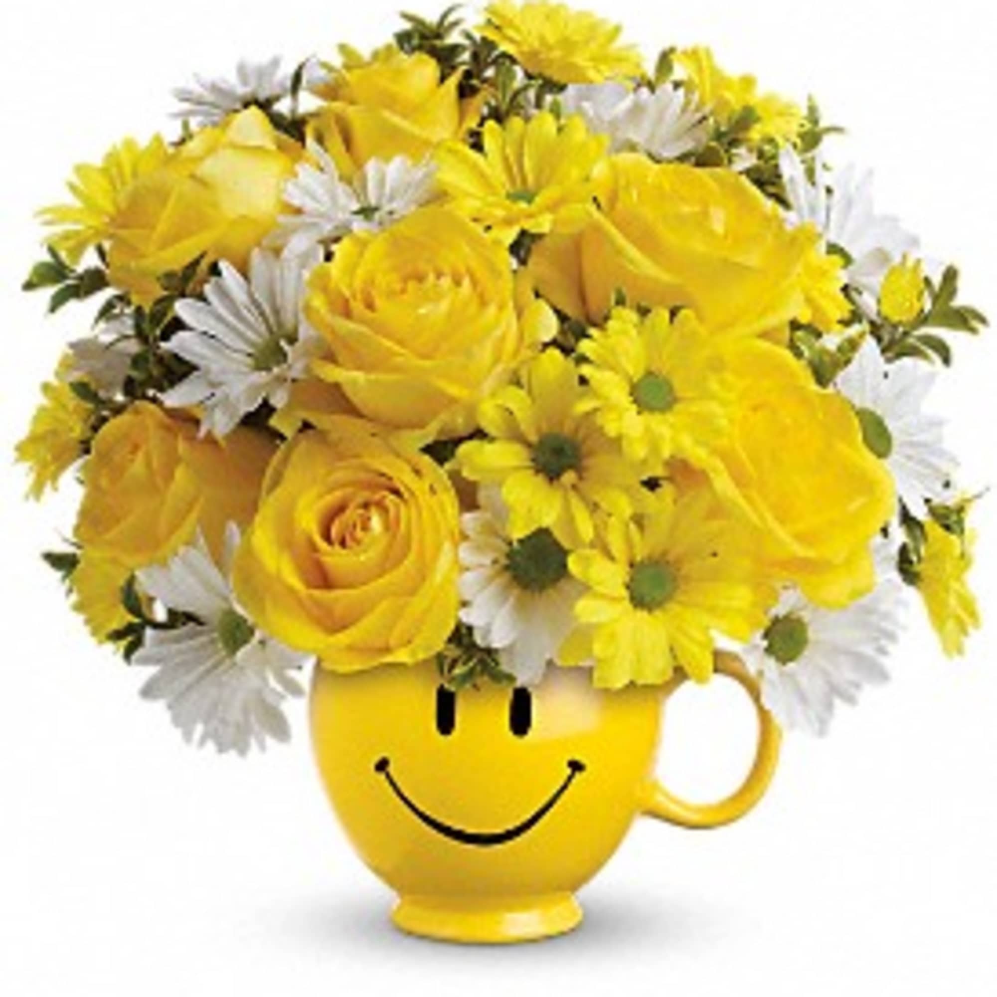 Yellow and white flower bouquet in a smiley-face mug