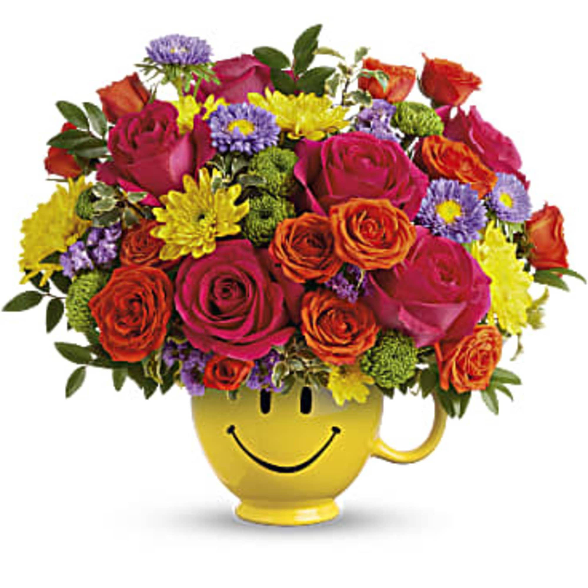 Colorful bouquet in a yellow smiley-face mug