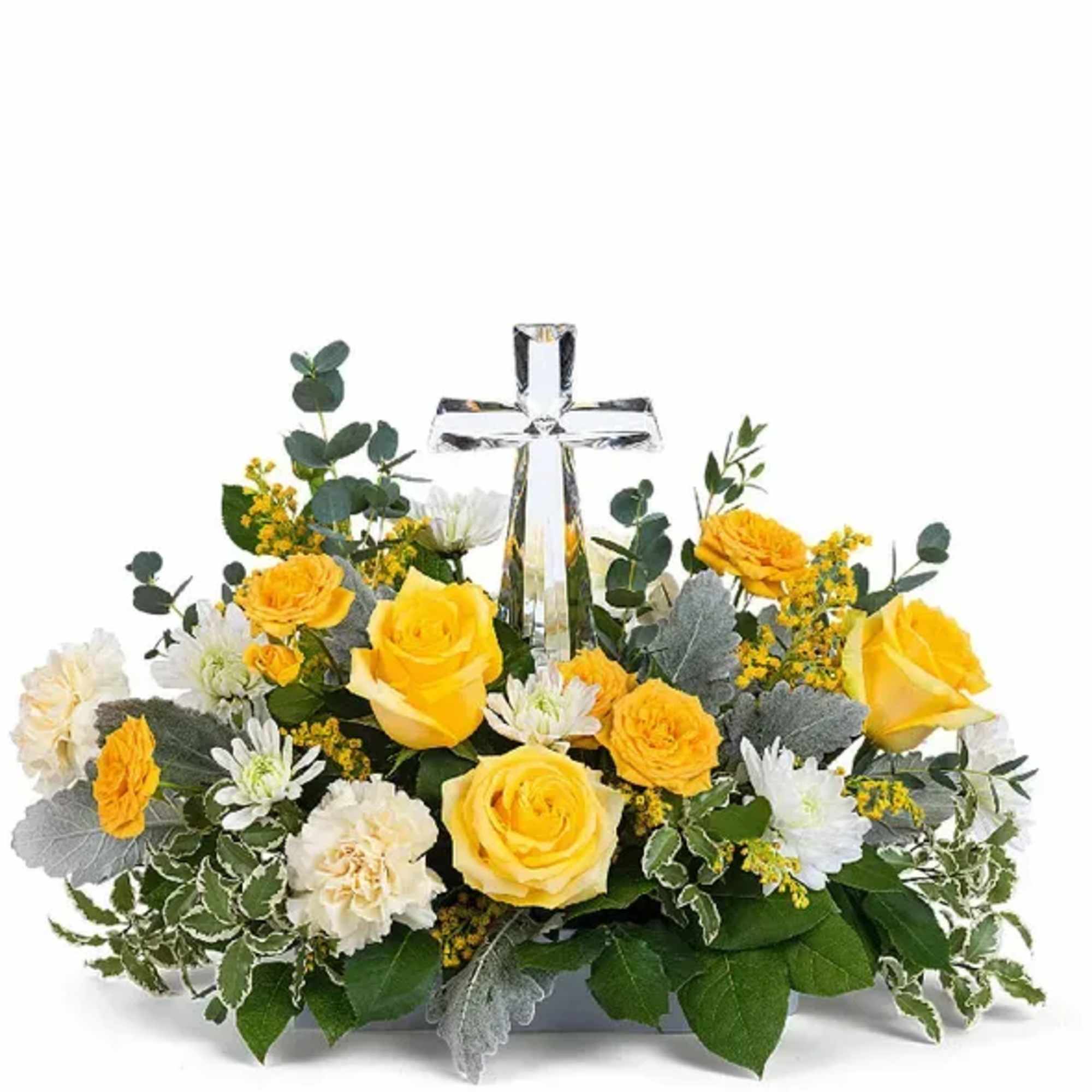Yellow and white flower arrangement with a clear glass cross centerpiece
