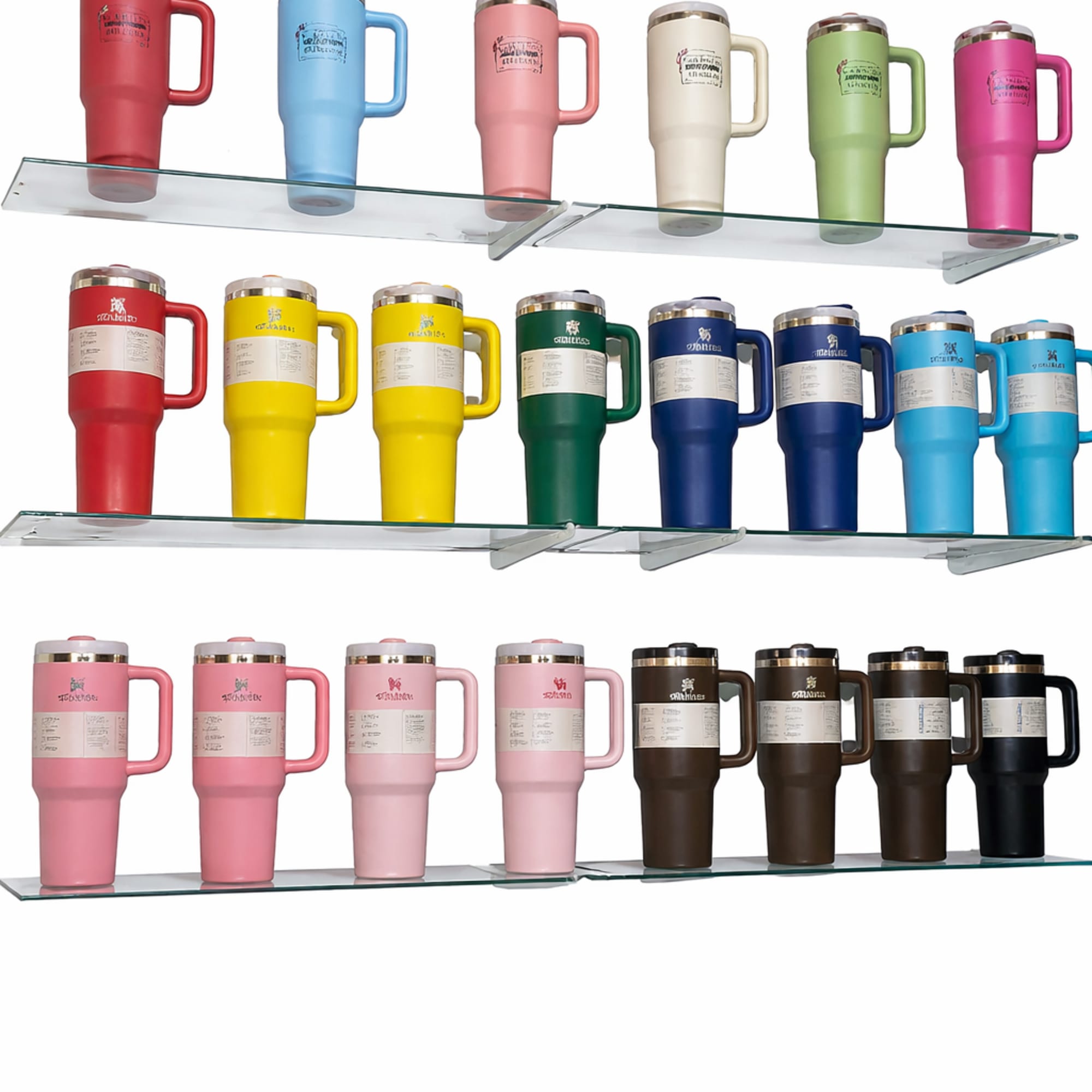 Rows of colorful handled travel mugs displayed on glass shelves