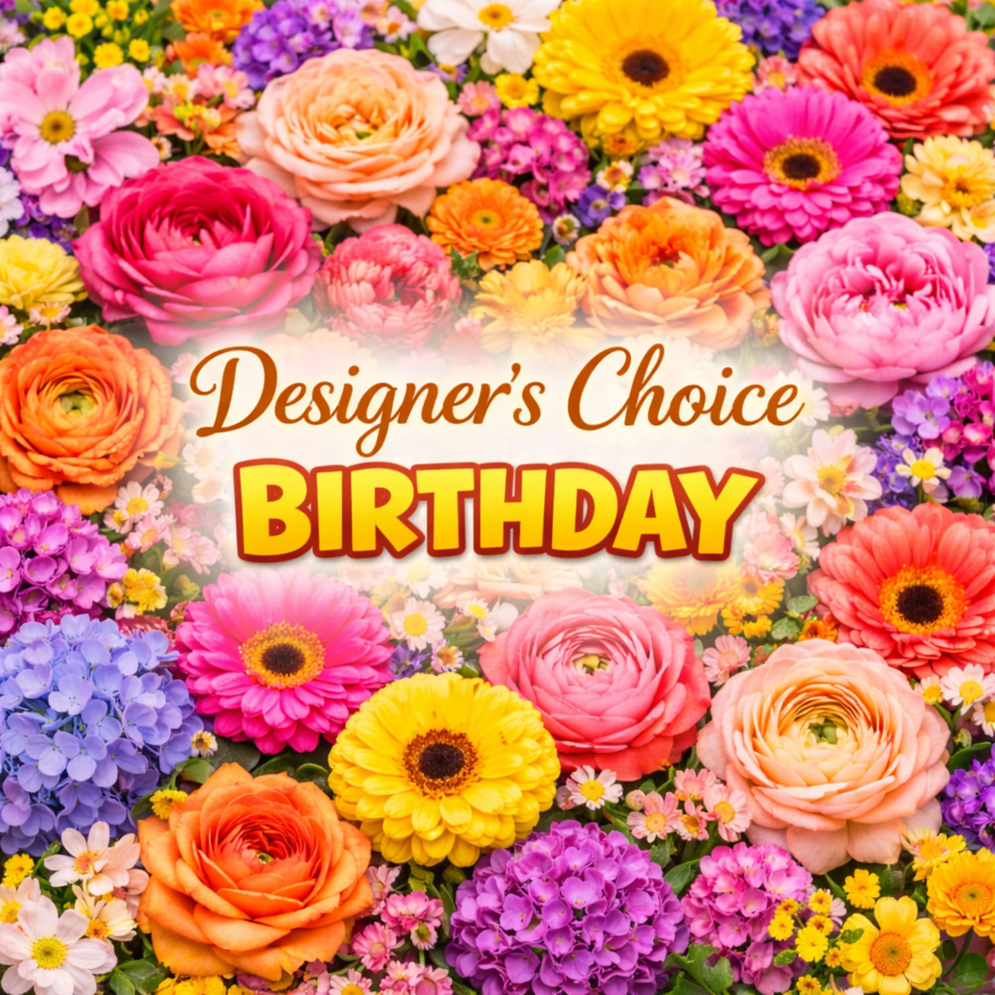 Bright collage of pink, orange, yellow, and purple flowers with the words Designer's Choice Birthday in the center