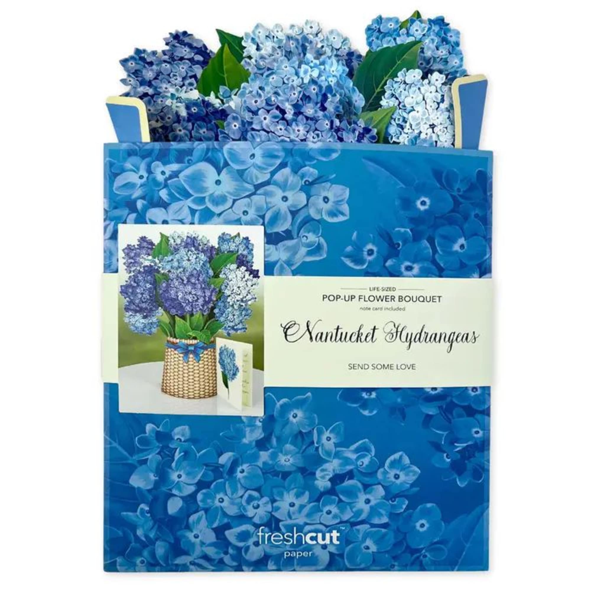 Flat package for a blue pop-up hydrangea bouquet card with illustrated flowers on the cover