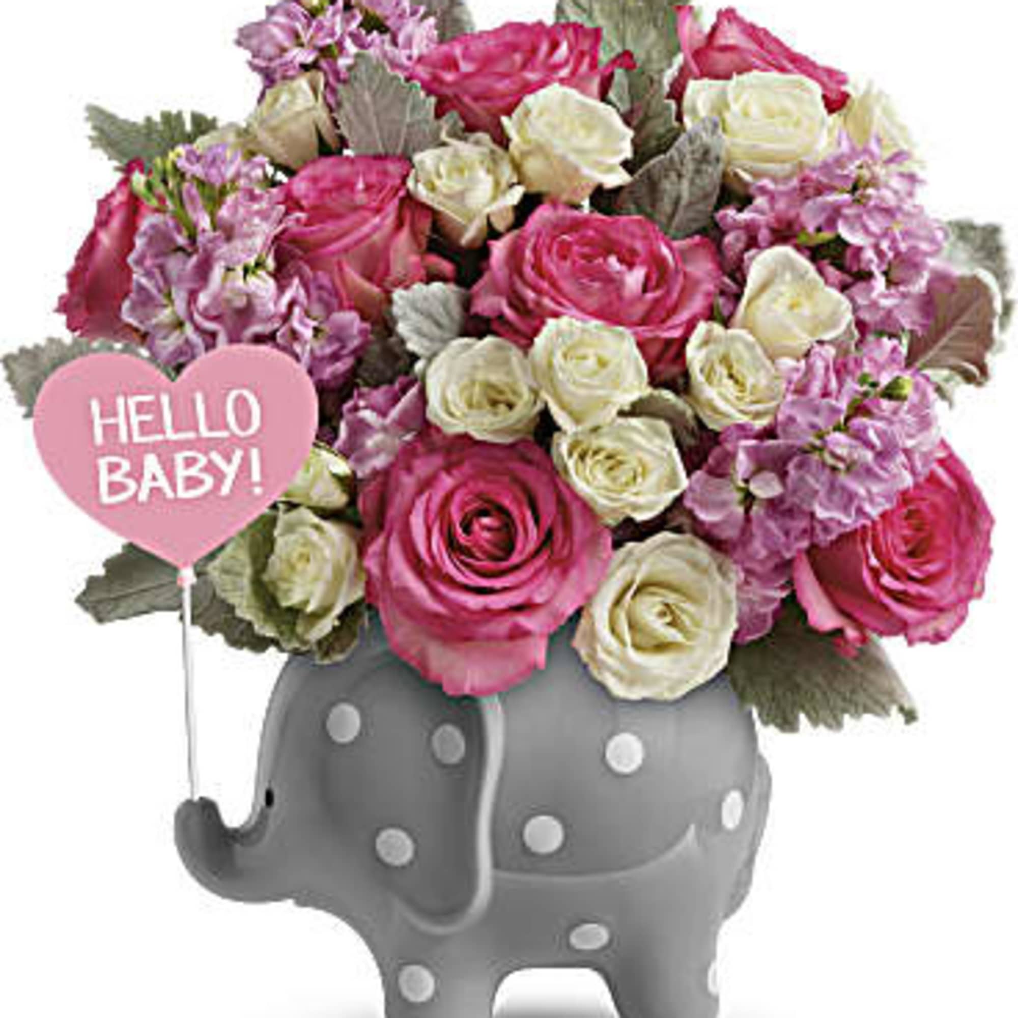Pink and white rose arrangement in a gray polka-dot elephant vase with a pink heart pick that reads HELLO BABY.