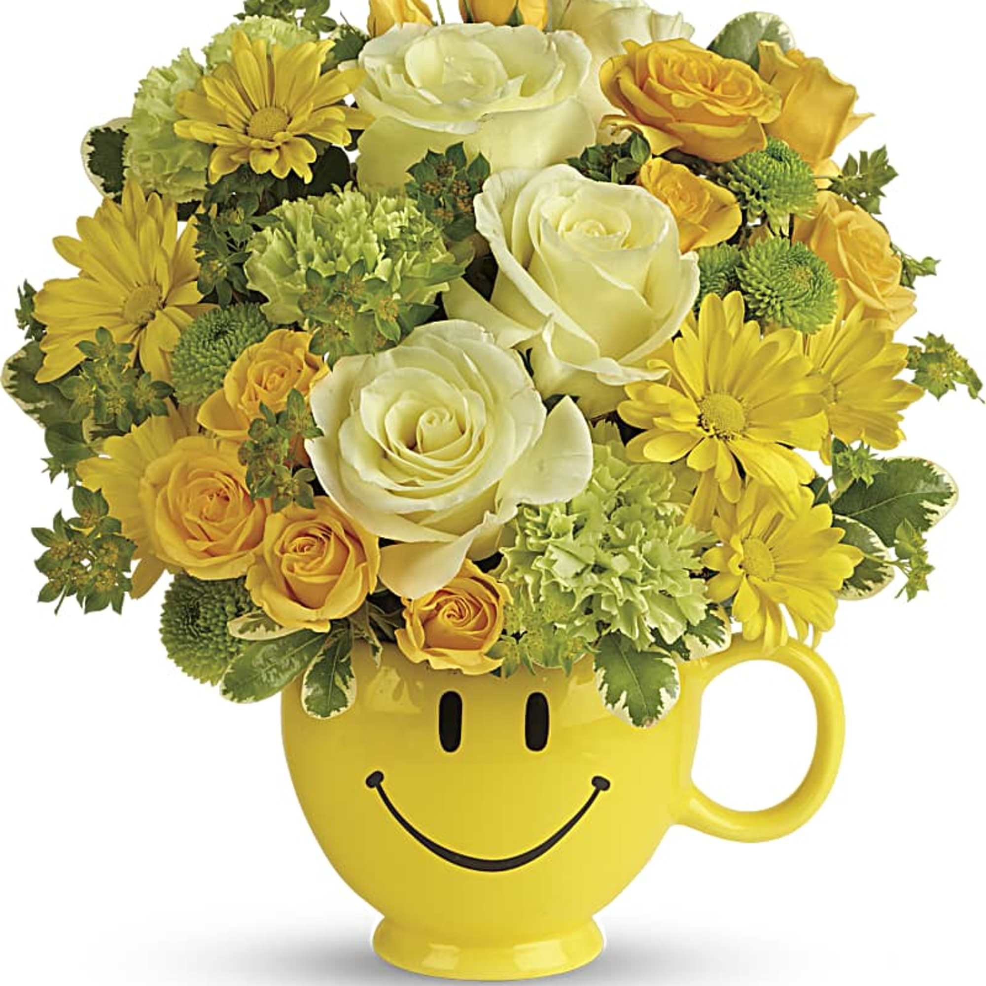 Yellow and white roses with yellow daisies arranged in a yellow smiley-face mug.