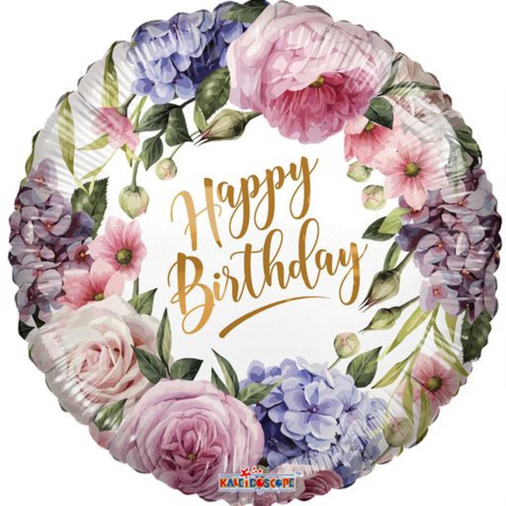 Round floral birthday balloon with Happy Birthday in gold script
