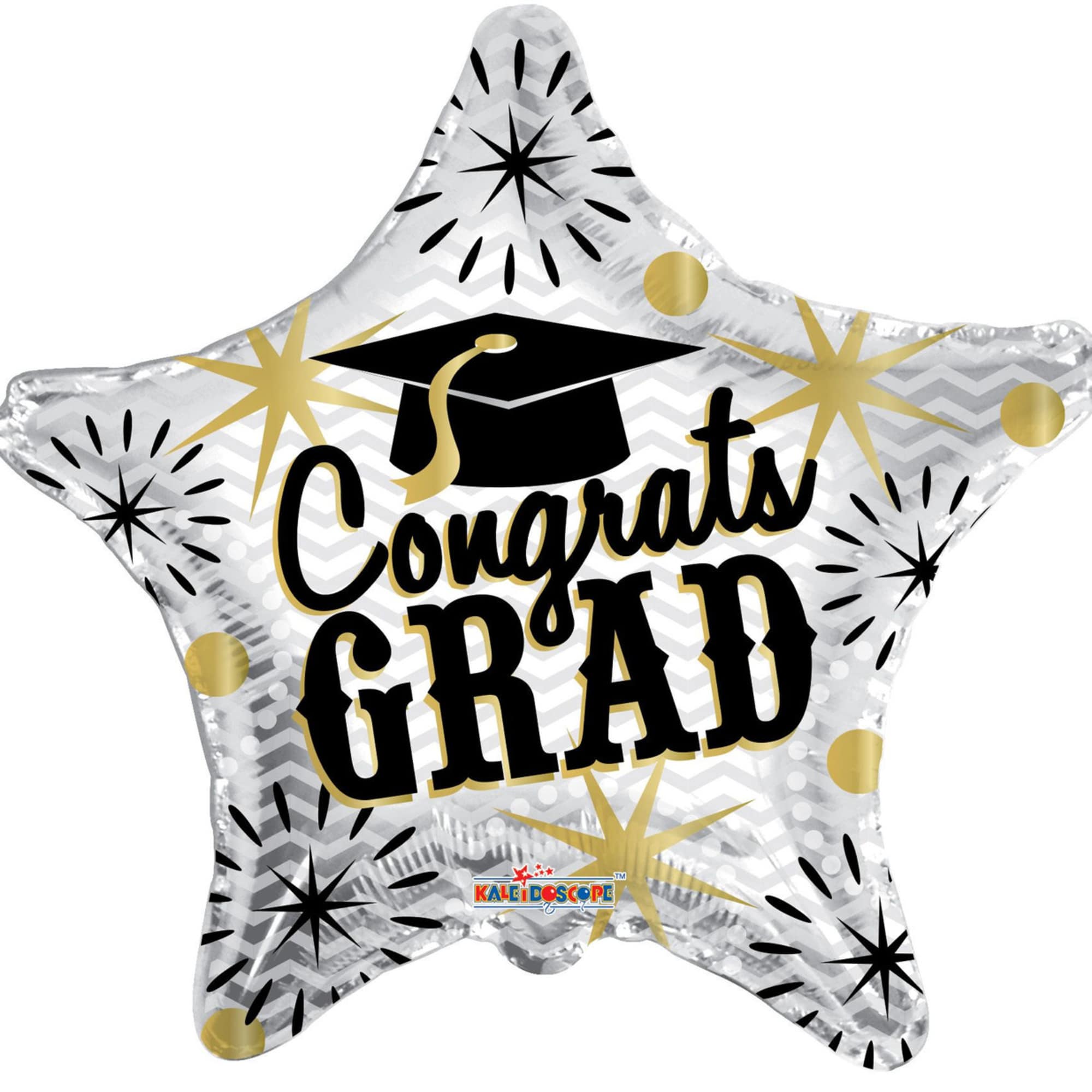 Star-shaped silver balloon with black and gold Congrats Grad text and graduation cap graphic