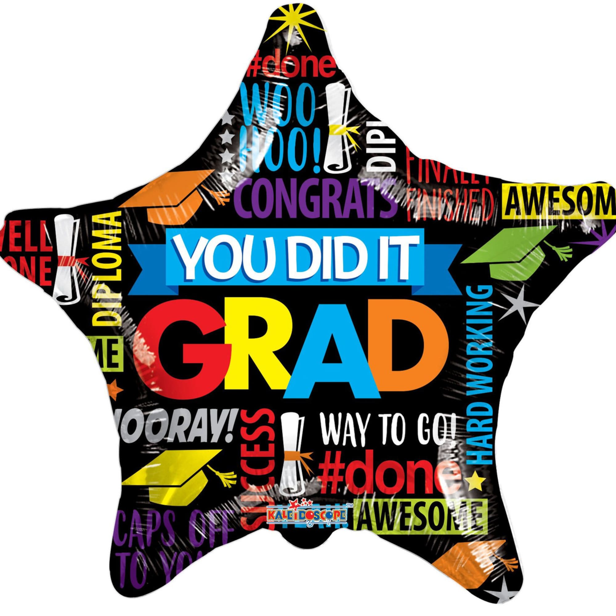 Star-shaped black graduation balloon with colorful You Did It Grad text and diploma graphics.