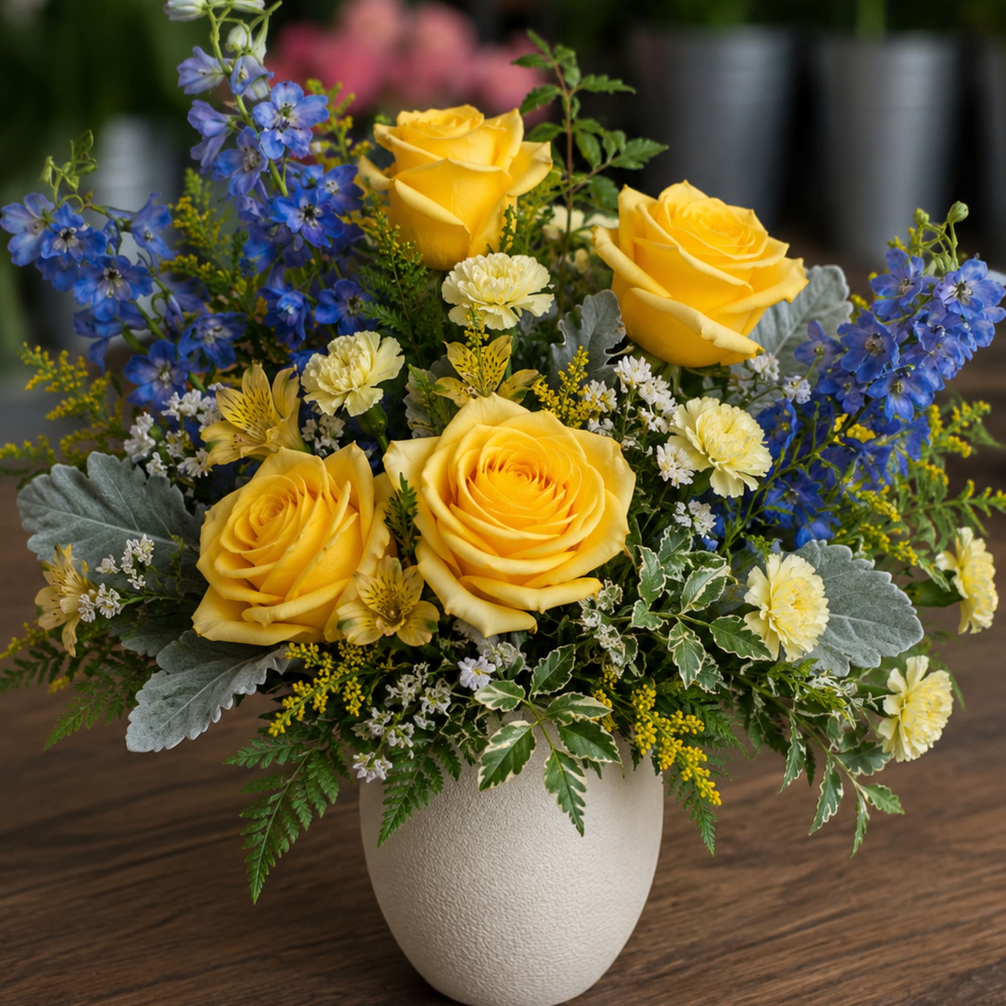 Bright, cheerful, and effortlessly elegant, this arrangement captures the warmth of a