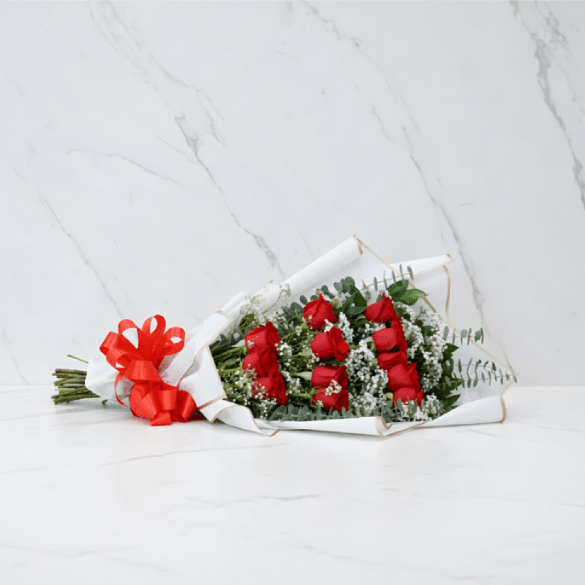 Red roses(or another color if you wish), wrapped in cascading fashion to