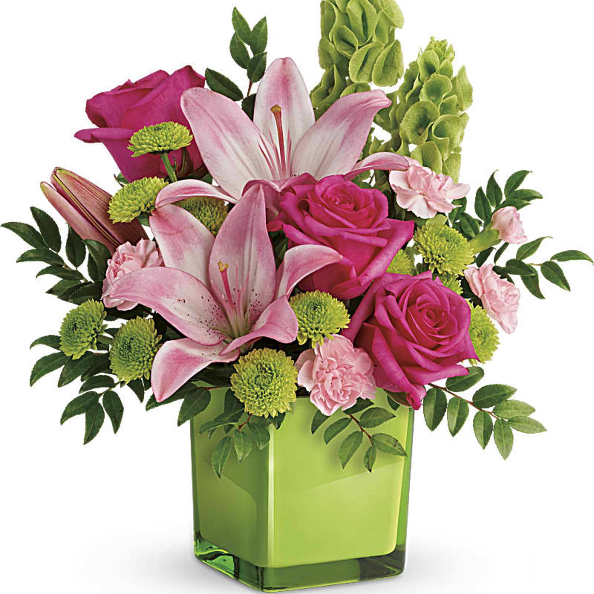 They'll fall in love with this pretty, playful bouquet! Pink roses and