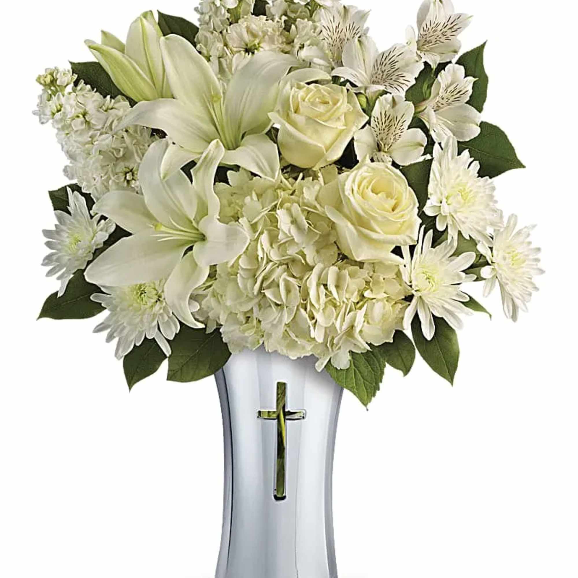 A shining tribute to a life well lived, this pure white bouquet