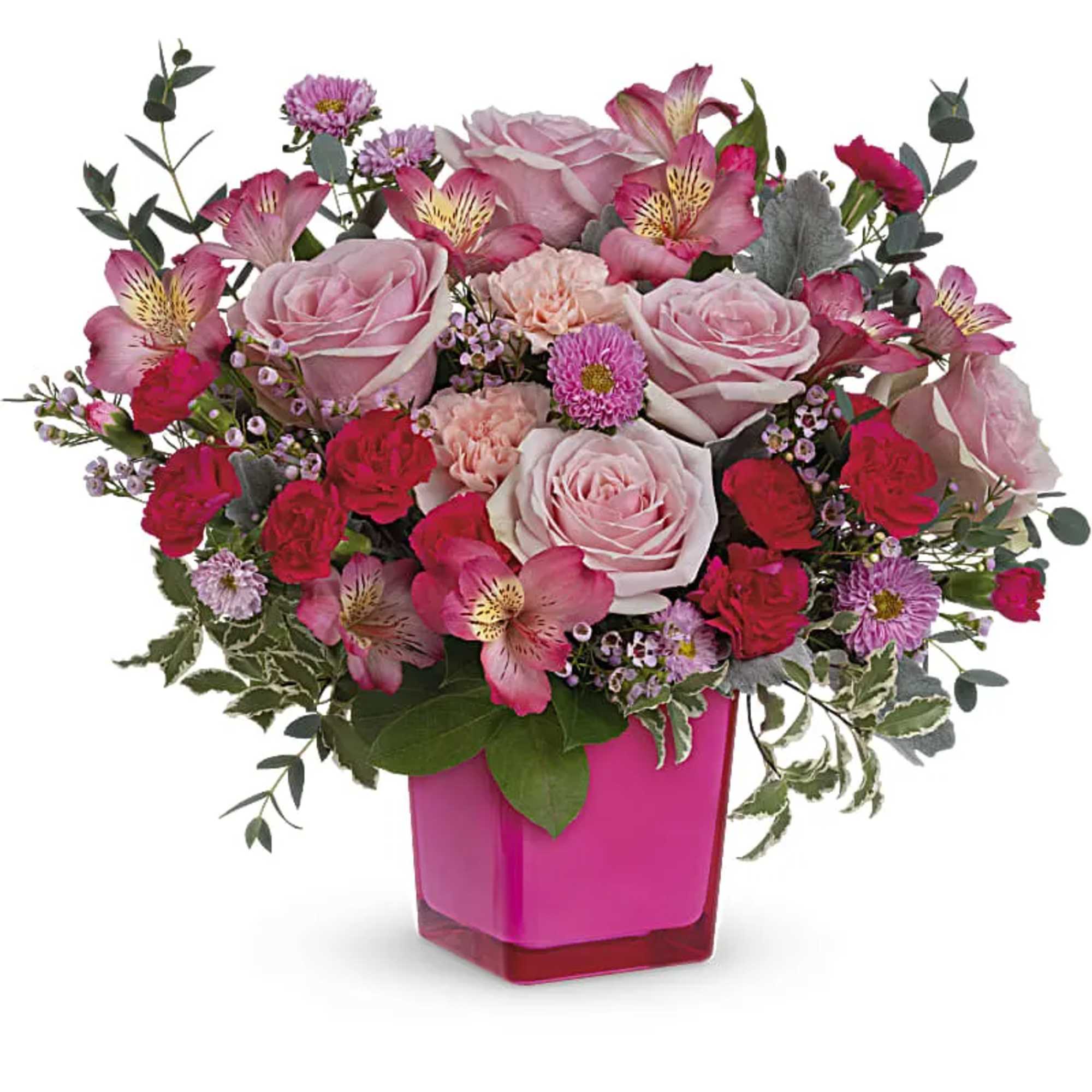Make the moment magical with this joyful pink rose bouquet in a